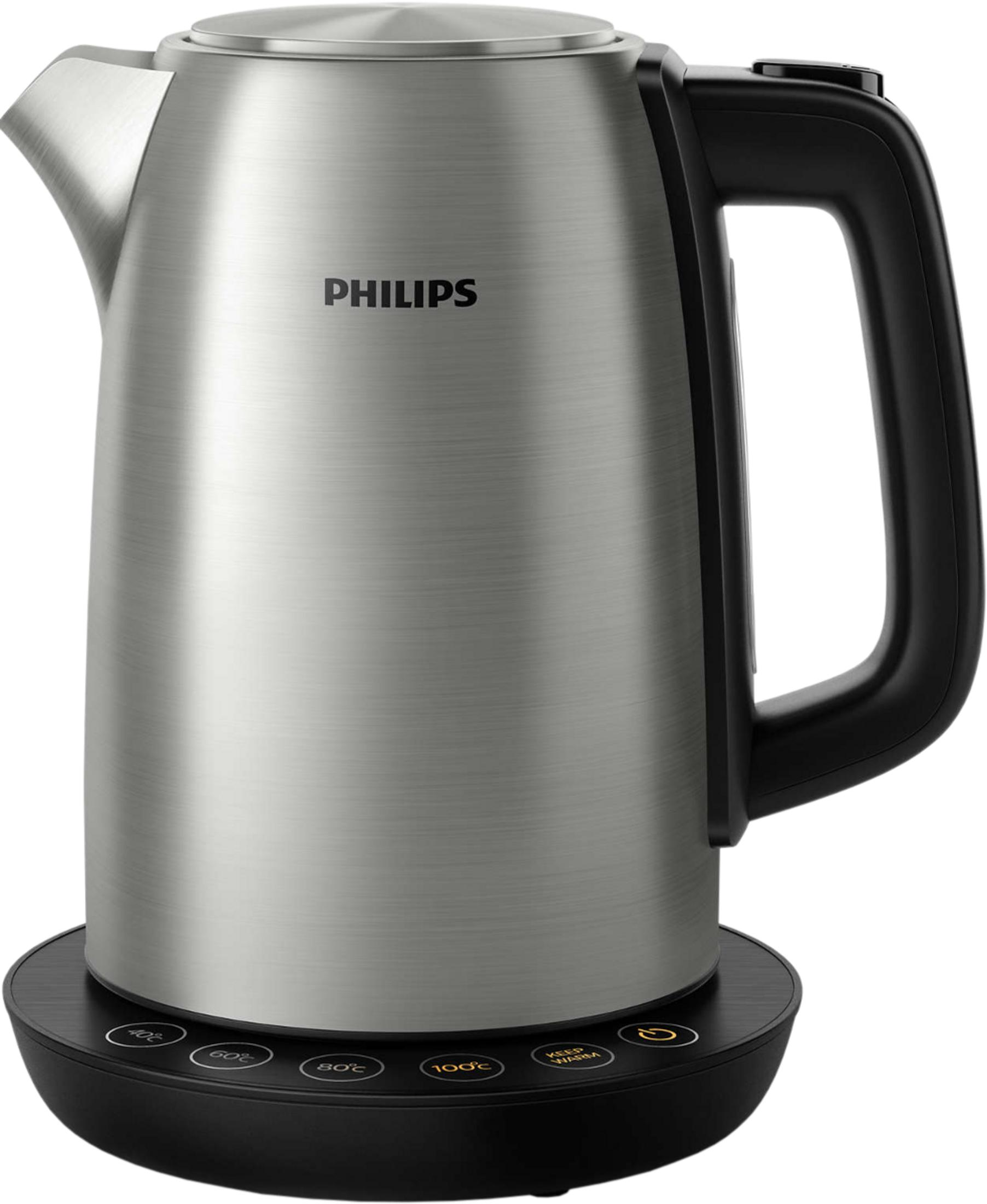 Silberner Philips Wasserkocher mit schwarzem Griff auf schwarzer Basis mit Temperaturregelung.