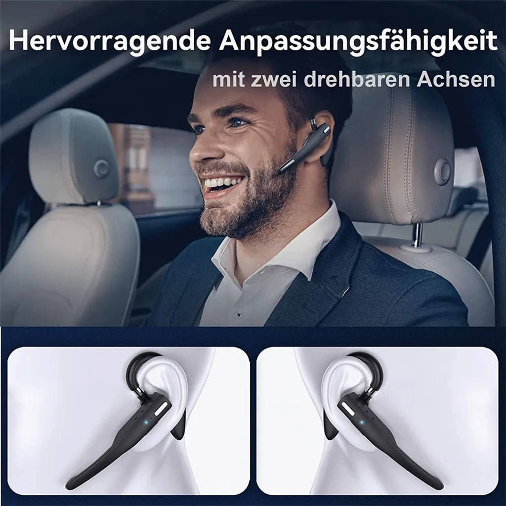 Mann im Auto mit Headset, Nahaufnahme eines schwarzen Bluetooth-Headsets im Ohr.