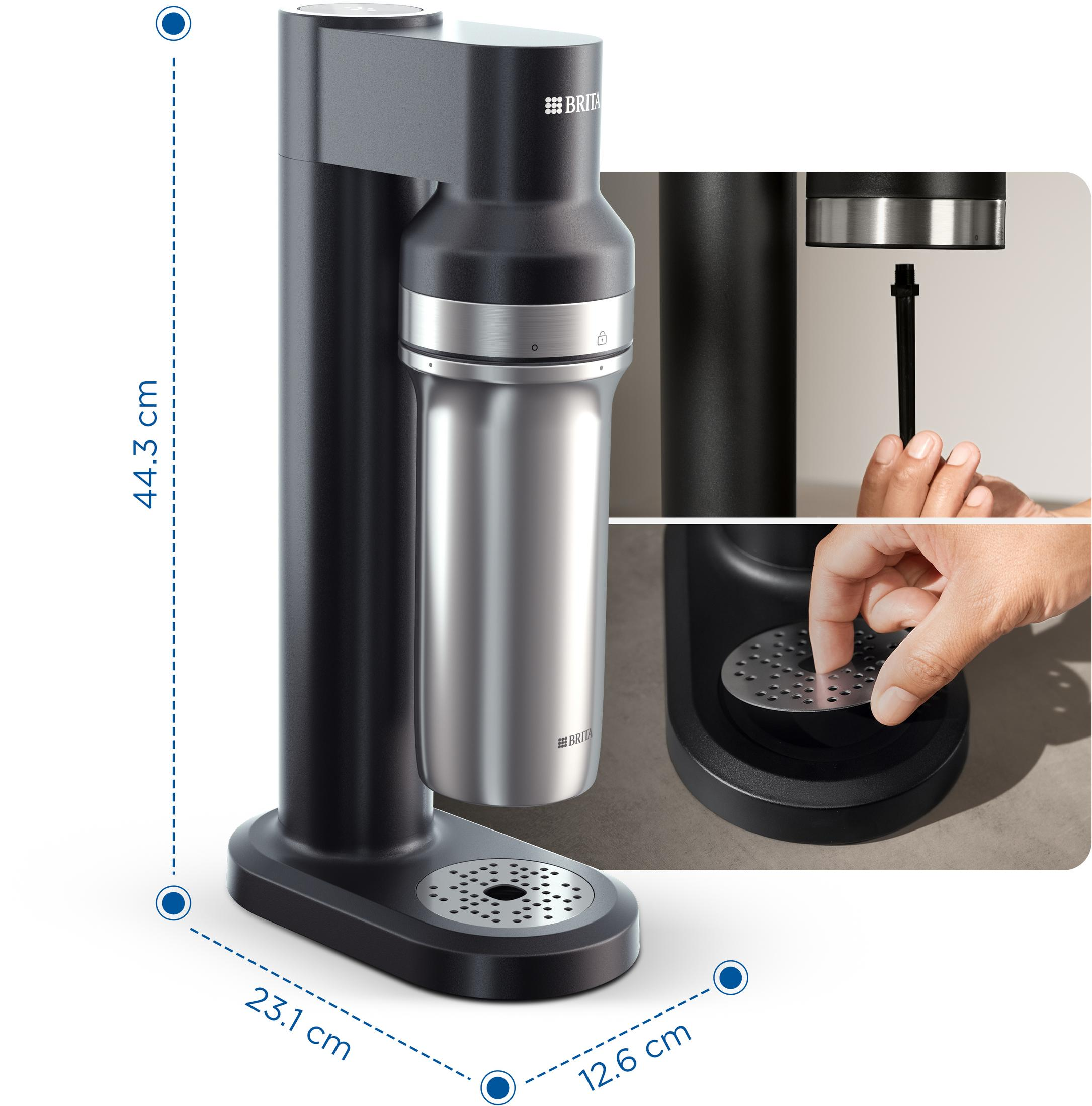 Una macchina per l'acqua Brita nera con contenitore in acciaio inox. Dimensioni indicate.