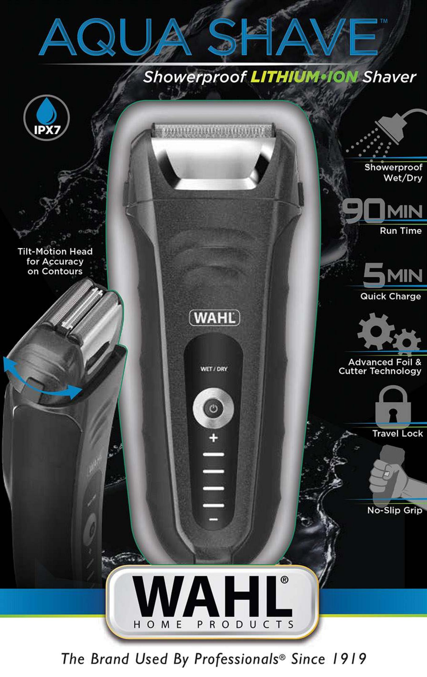 Rasoio Wahl Aqua Shave al litio con testina basculante, 90 min di autonomia.