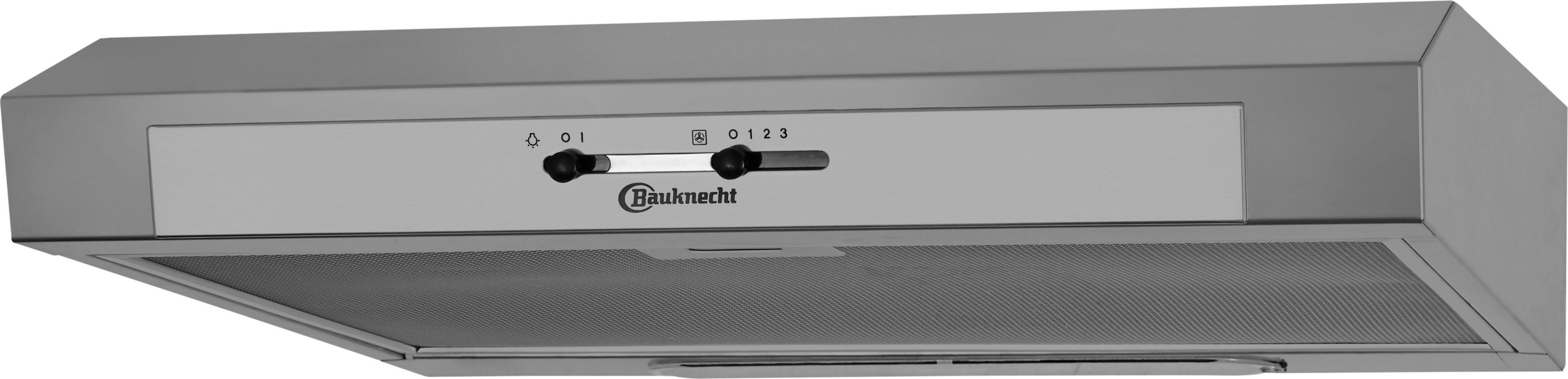 Edelstahl Dunstabzugshaube mit Bedienelementen und Logo.