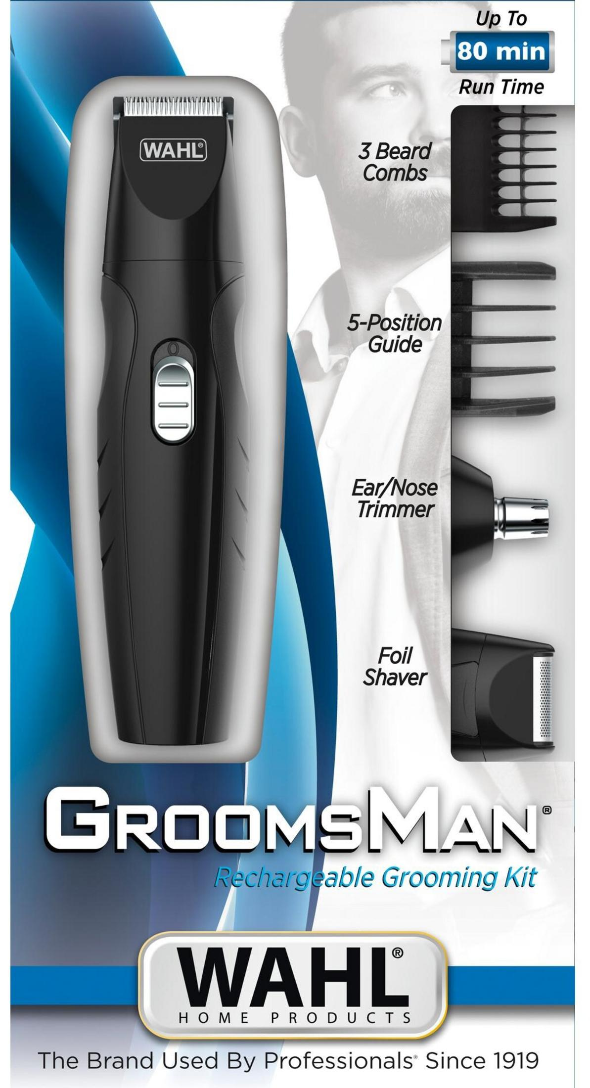 Ein schwarzer WAHL GROOMSMAN Haarschneider mit Zubehör und Laufzeit.
