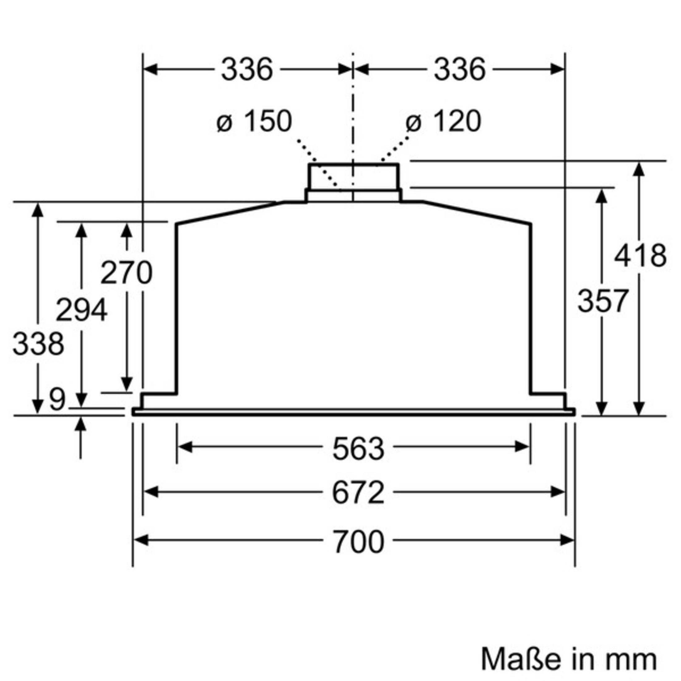 Dibujo técnico de una campana extractora con dimensiones en mm.