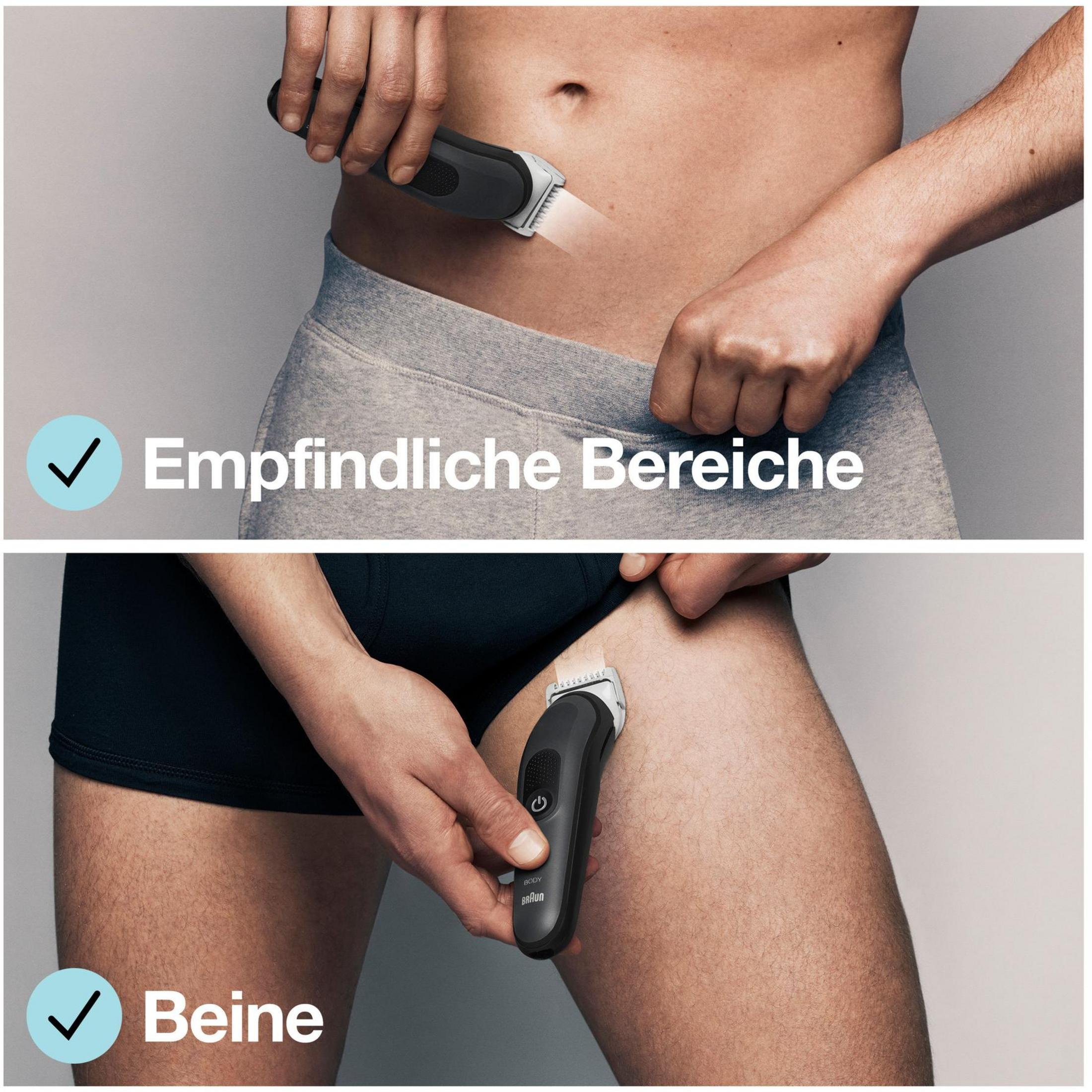 Eine Person benutzt einen Braun Body Groomer am Intimbereich und an den Beinen.