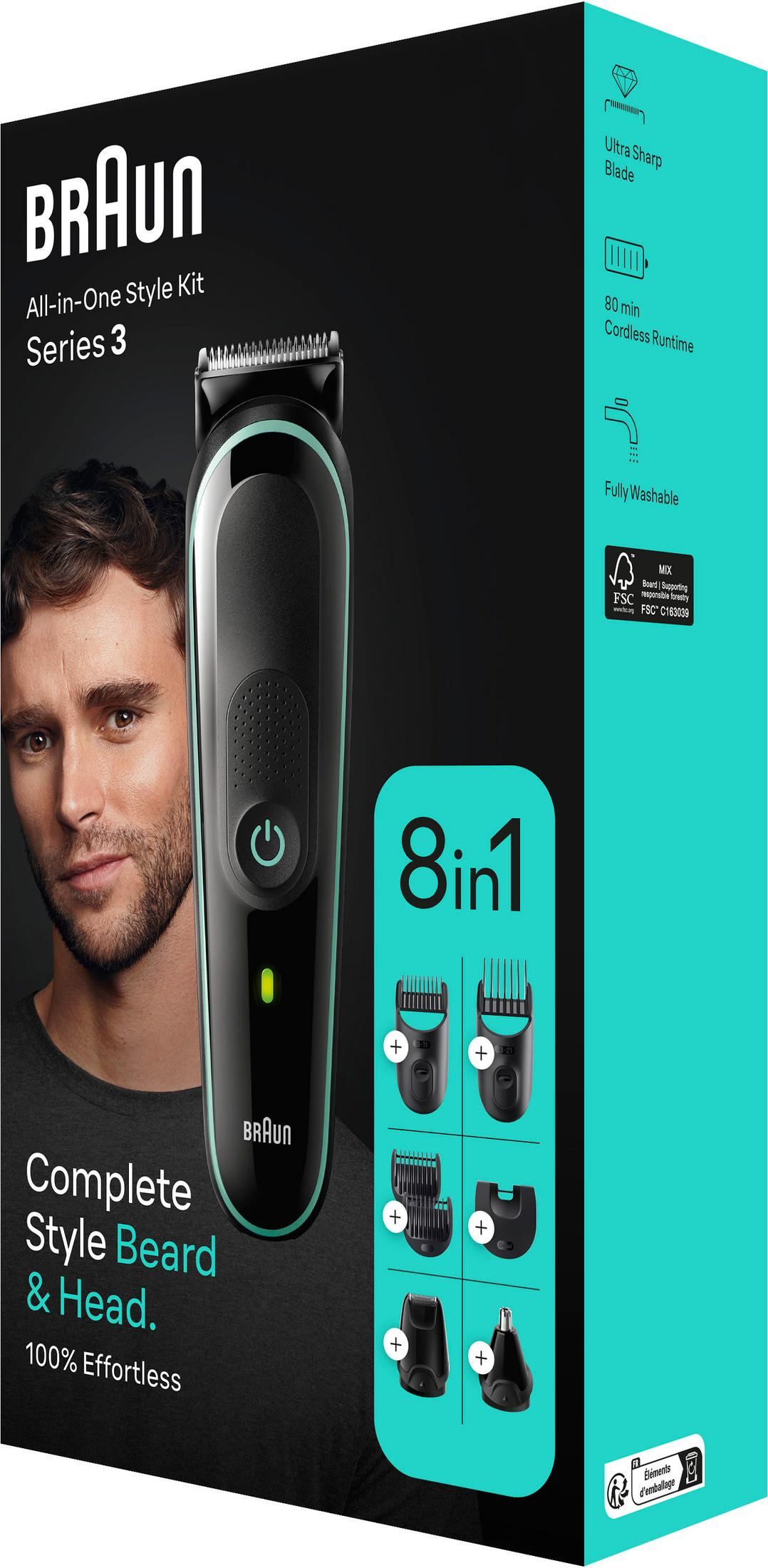 Braun Series 3 All-in-One Style Kit mit Bart- und Kopfhaartrimmer. 8-in-1-Funktionalität.