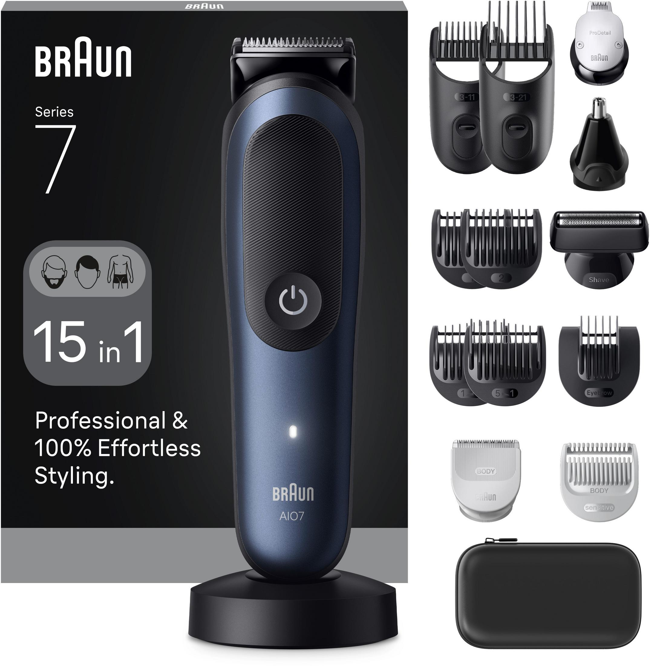 Tondeuse Braun Series 7 avec accessoires, station de charge et pochette.