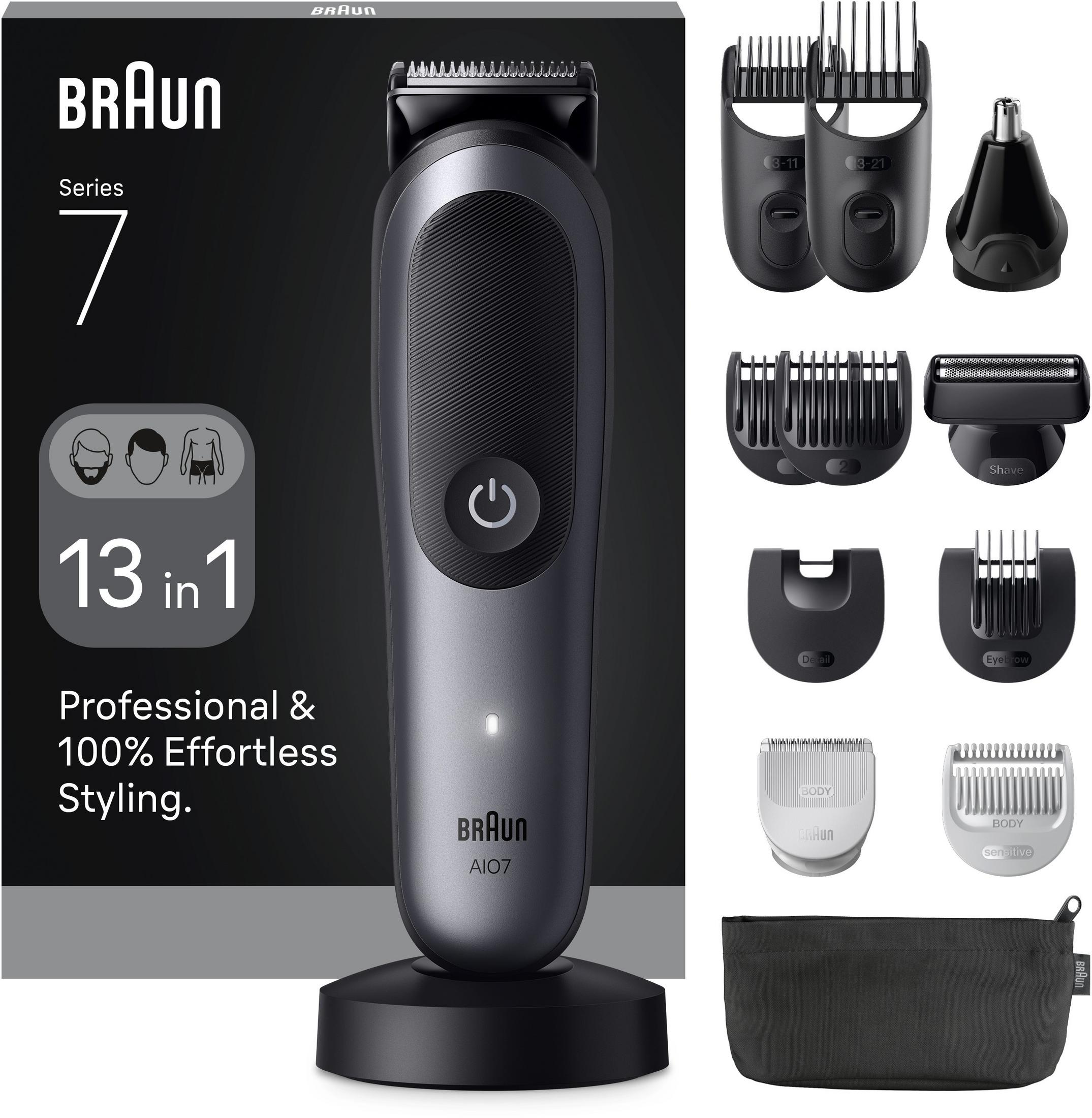 Braun Series 7 trimmer met accessoires op zwarte achtergrond.
