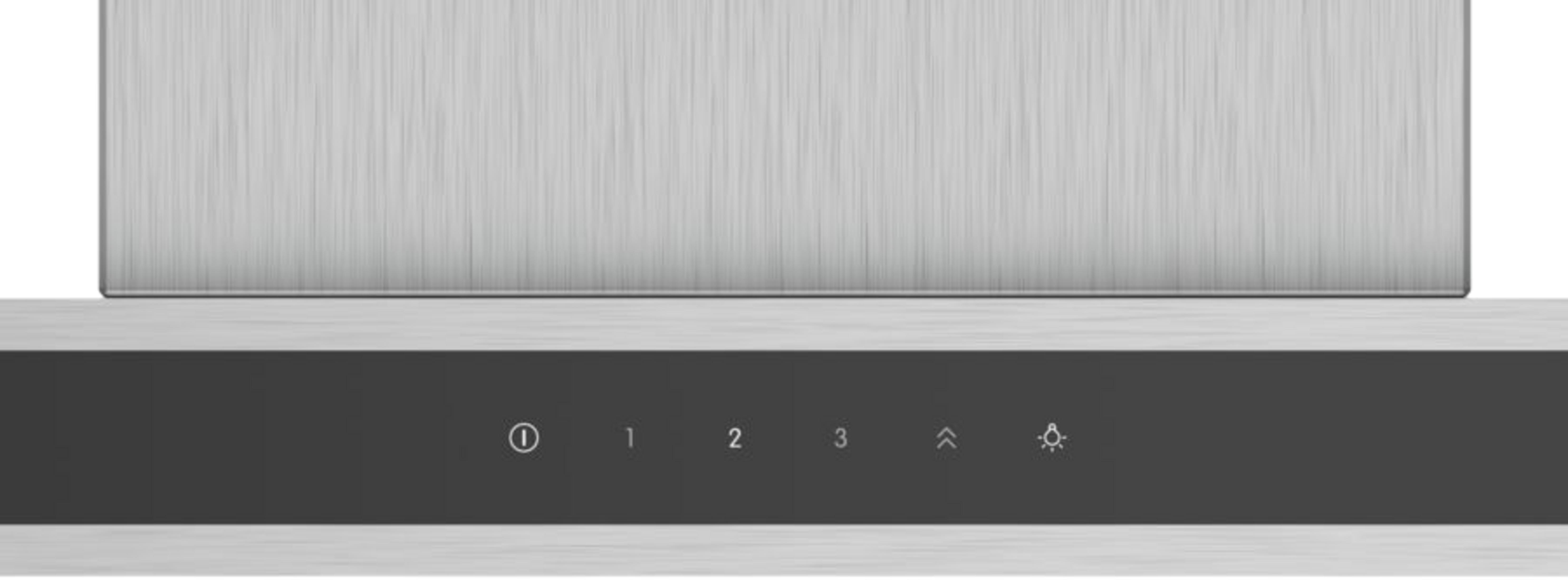 Panel de control de campana extractora con botones para temporizador, 1, 2, 3, flecha arriba y luz.