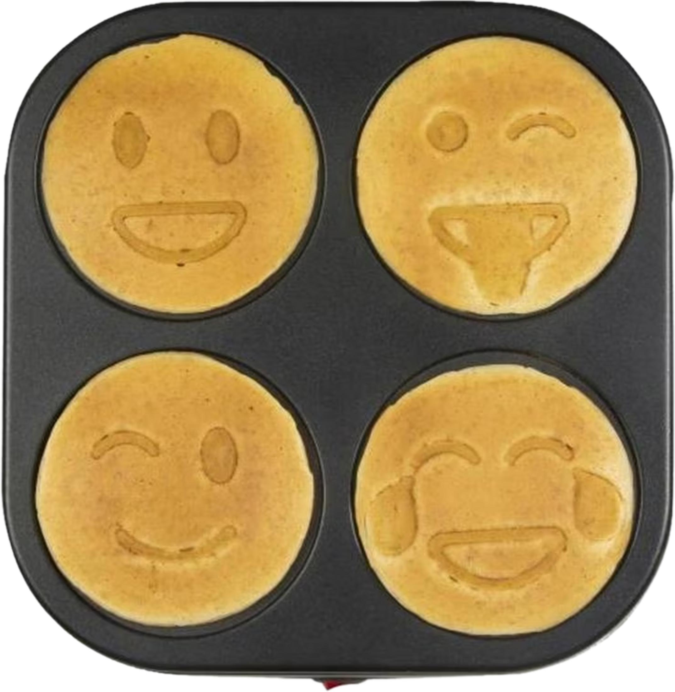 Czarna gofrownica z czterema okrągłymi złotymi goframi, każdy w kształcie innej twarzy emoji.