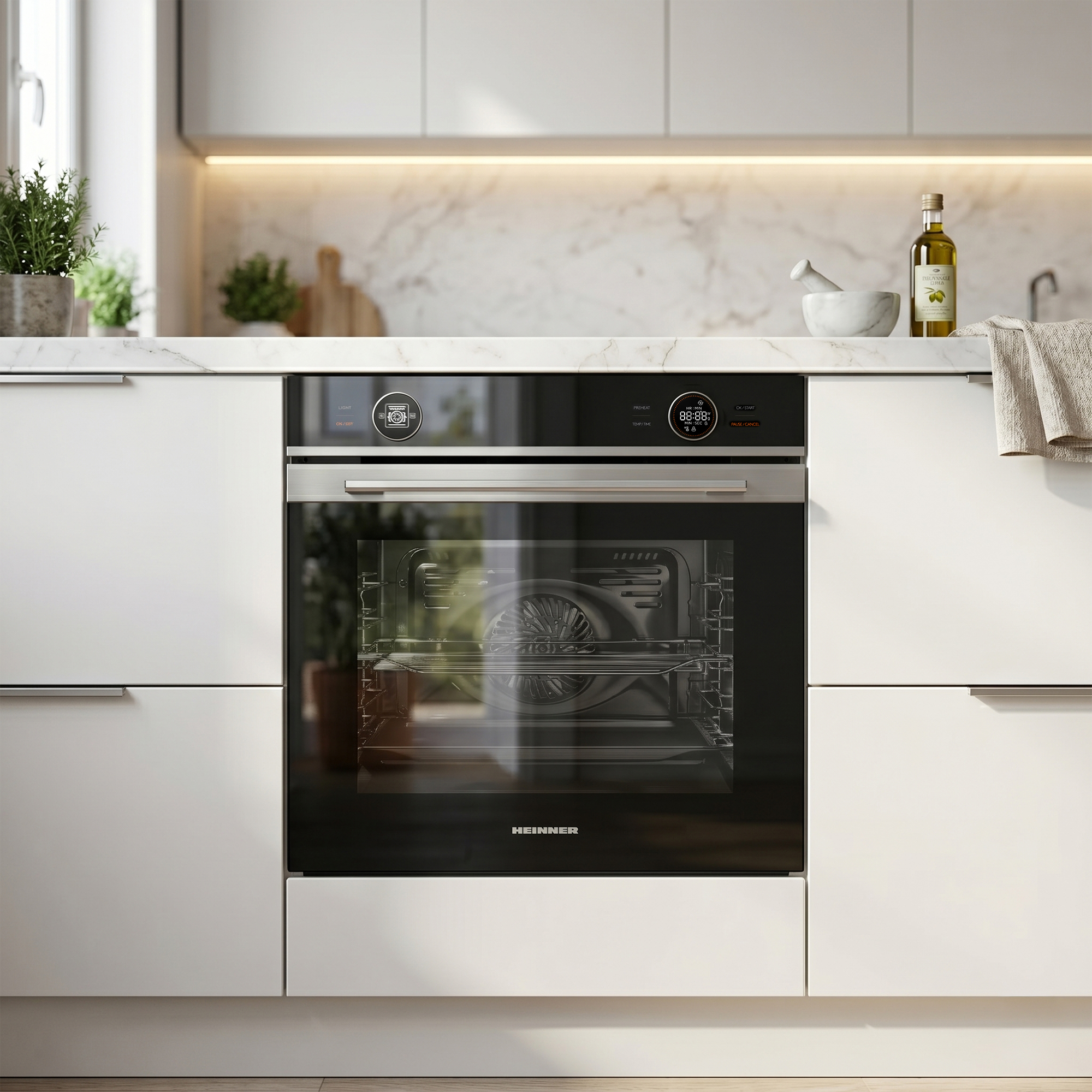 Moderne inbouwoven met touchscreen bediening in een witte keuken.
