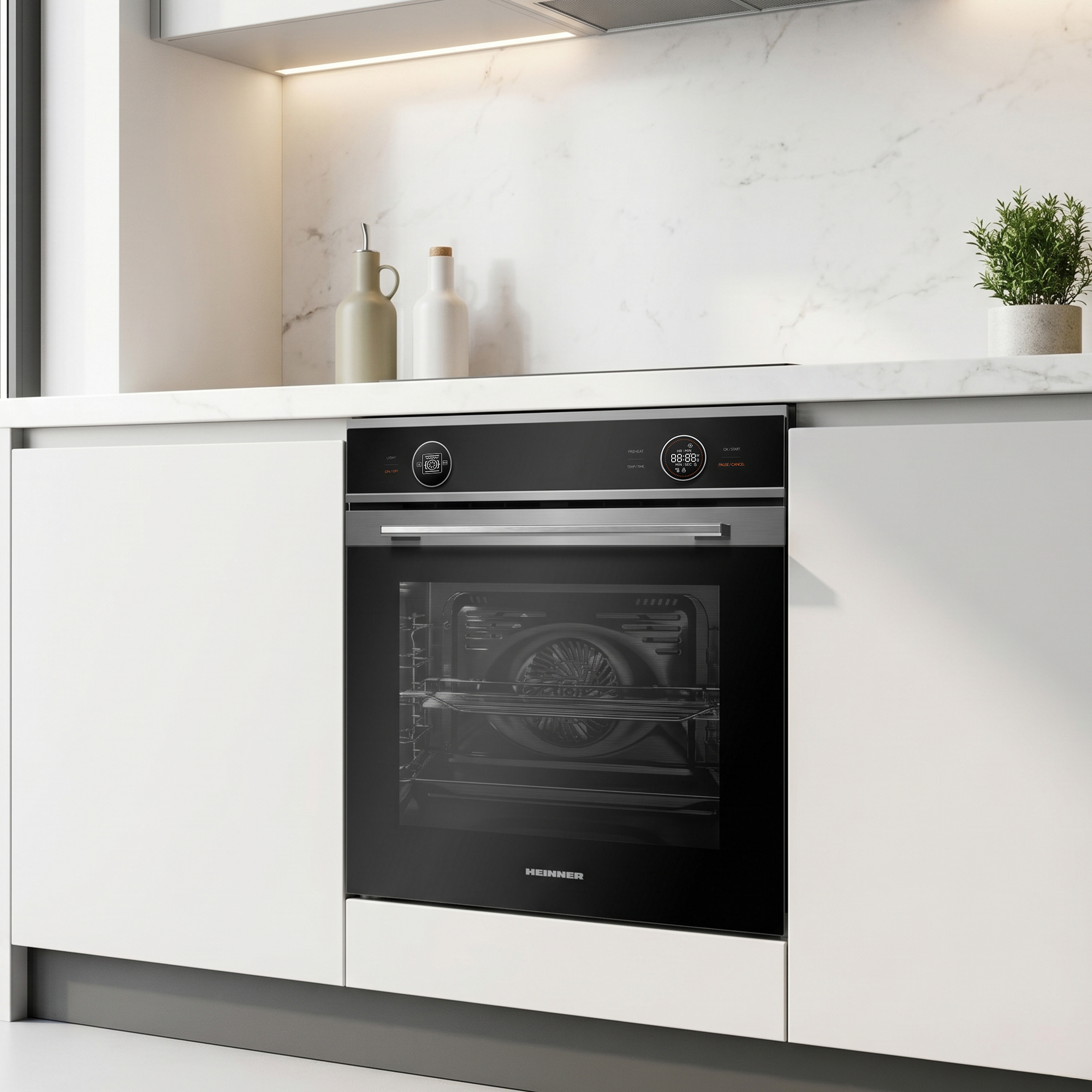 Moderne inbouwoven met zwarte glazen deur en touch controlpaneel.