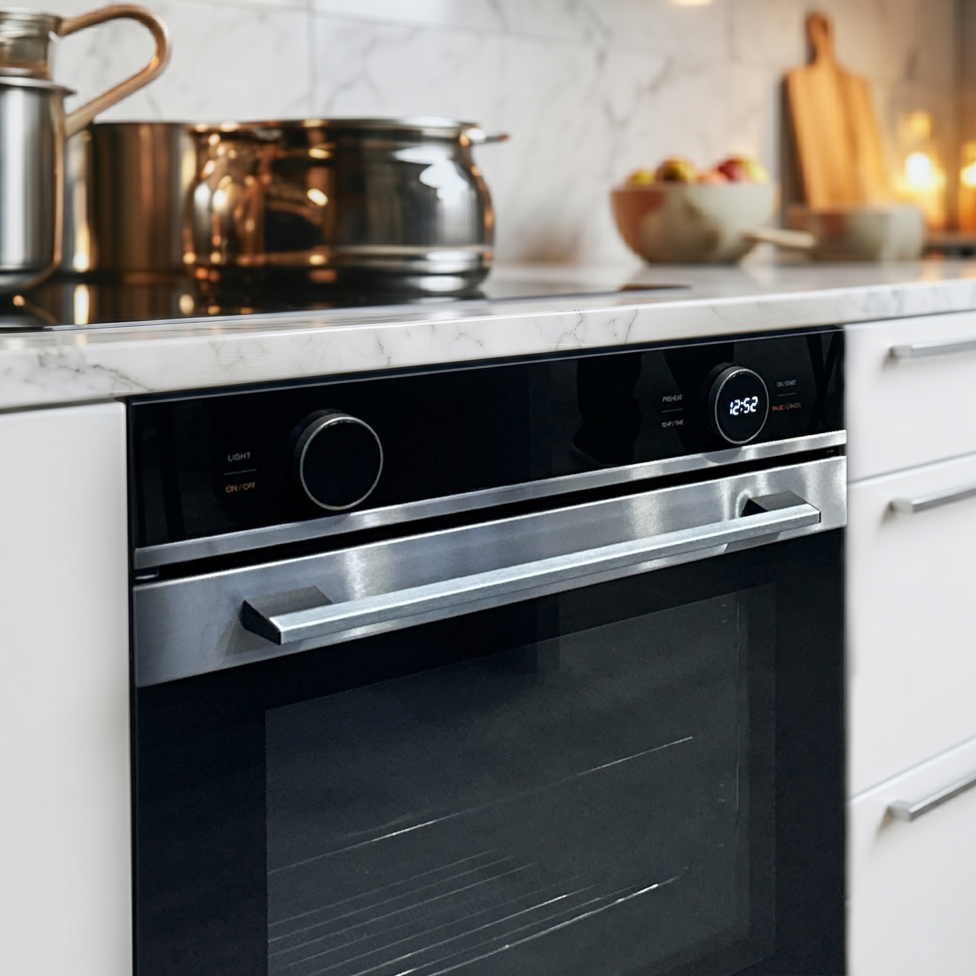 Een moderne oven met roestvrijstalen accenten en digitale tijdweergave.