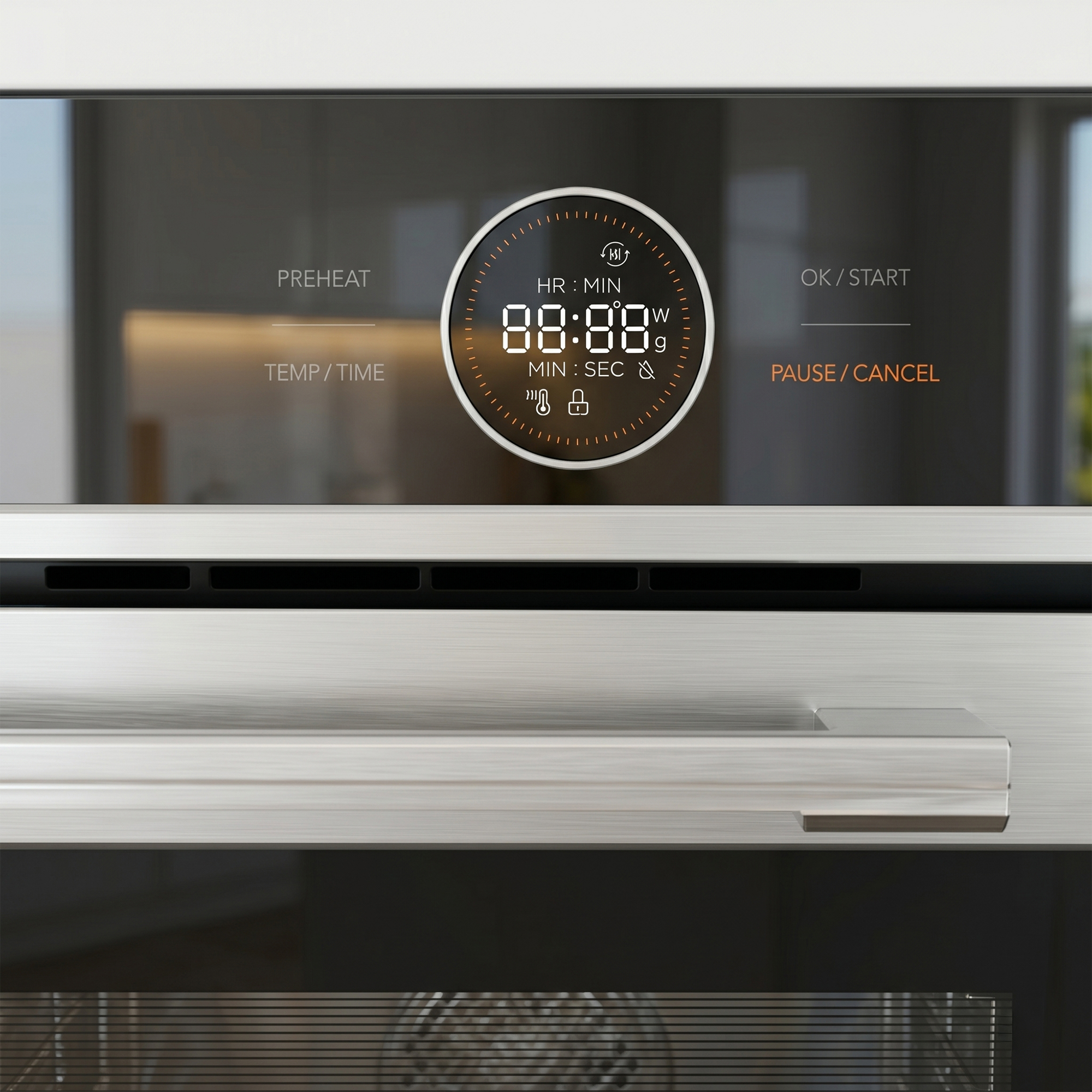 Een oven display toont tijd, temperatuur en bedieningselementen.