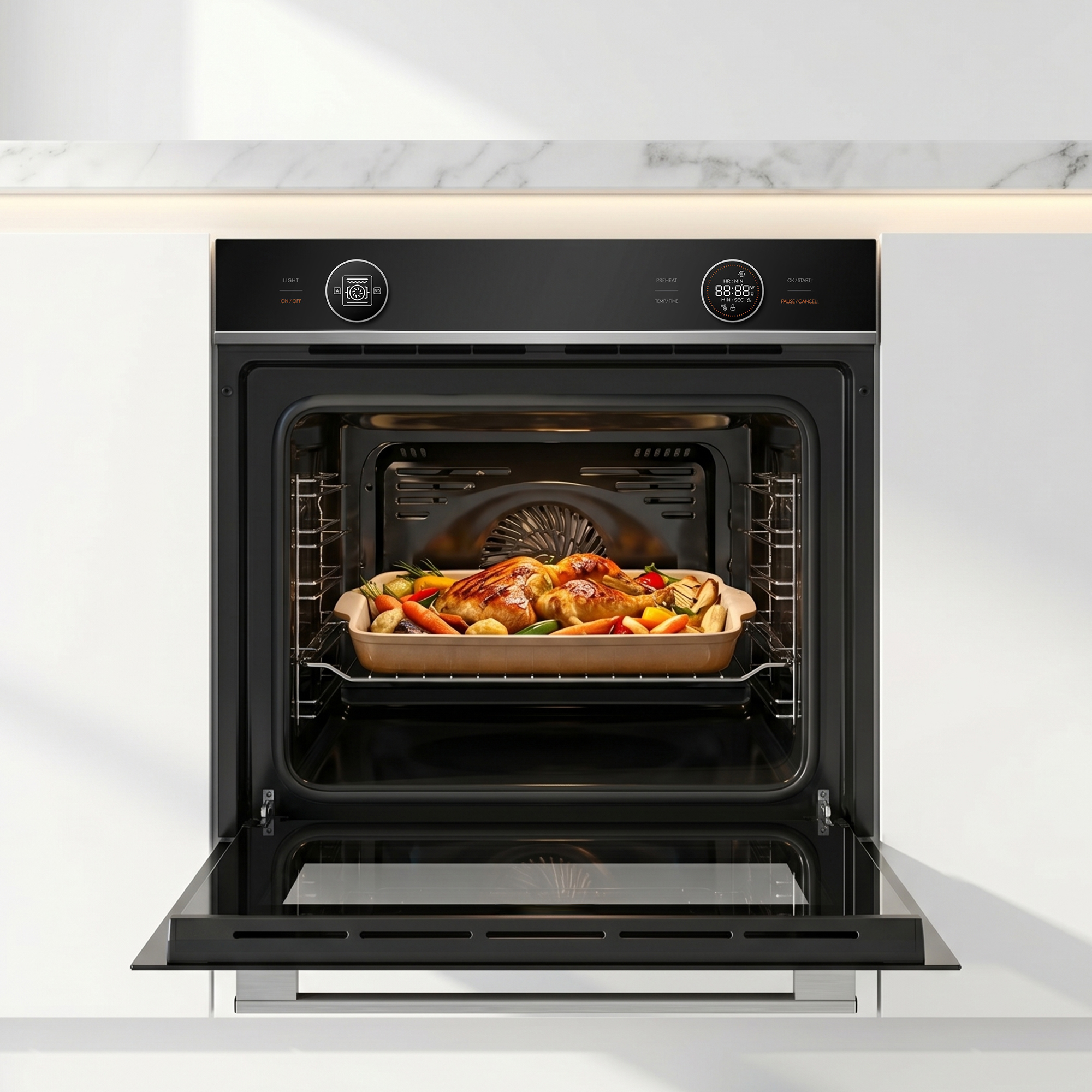 Een oven met een braadstuk en groenten erin.