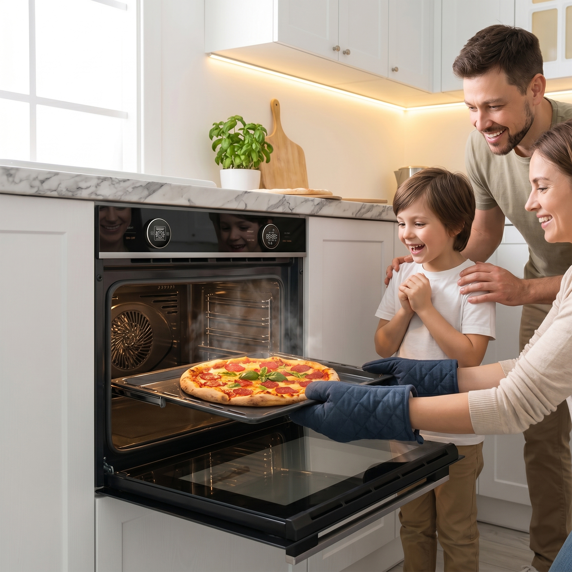 Familie haalt een pizza uit de oven.