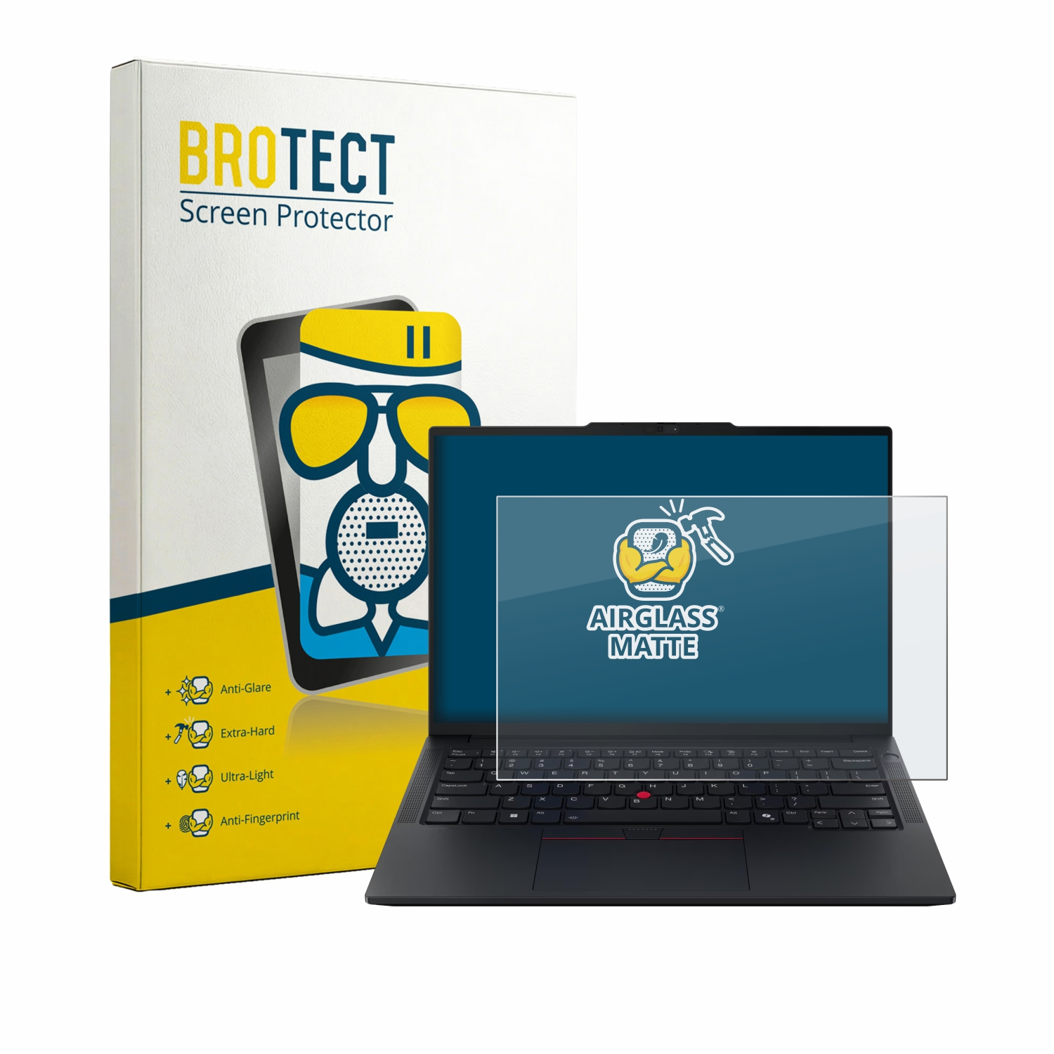 Ein Laptop mit einem Displayschutz von BROTECT und der Aufschrift AIRGLASS MATTE.