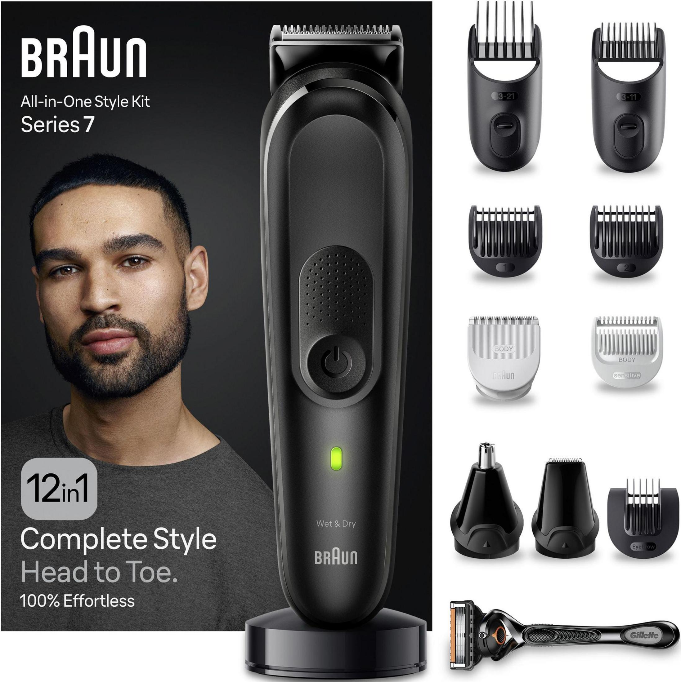 Recortadora Braun Serie 7 con accesorios, recortadora de nariz y Gillette.