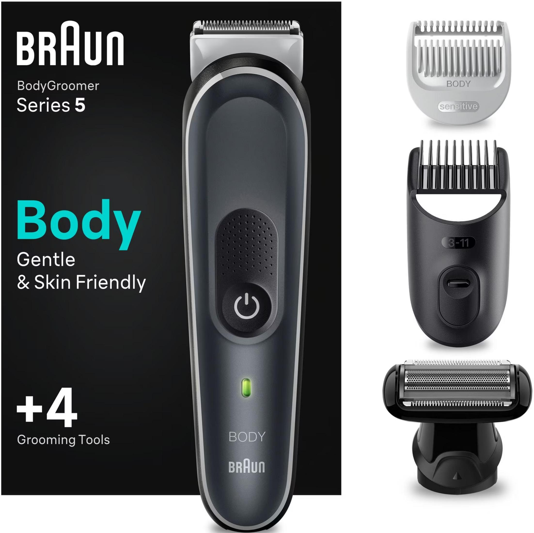 Braun BodyGroomer Serie 5 con accessori e testo descrittivo.