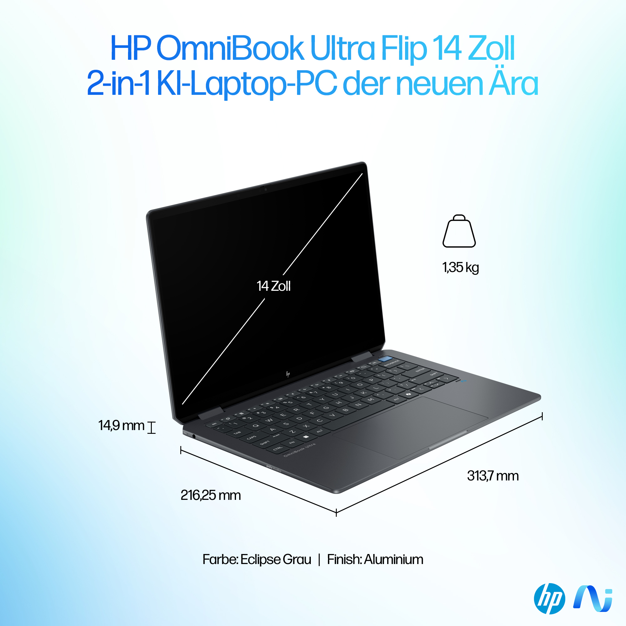 Szary laptop HP OmniBook Ultra Flip z 14-calowym ekranem, ważący 1,35 kg.