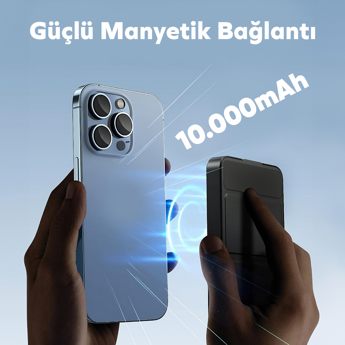 Mıknatıslı mavi 10.000 mAh'lik powerbank mavi bir akıllı telefona takılıyor.