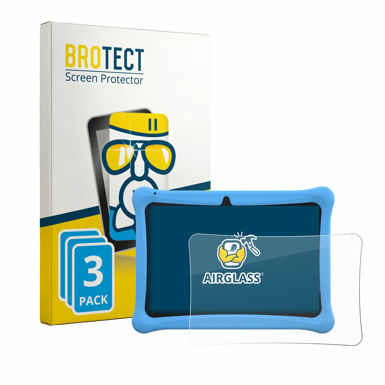 Packung mit 3 Displayschutzfolien für ein blaues Tablet mit Schutzhülle.