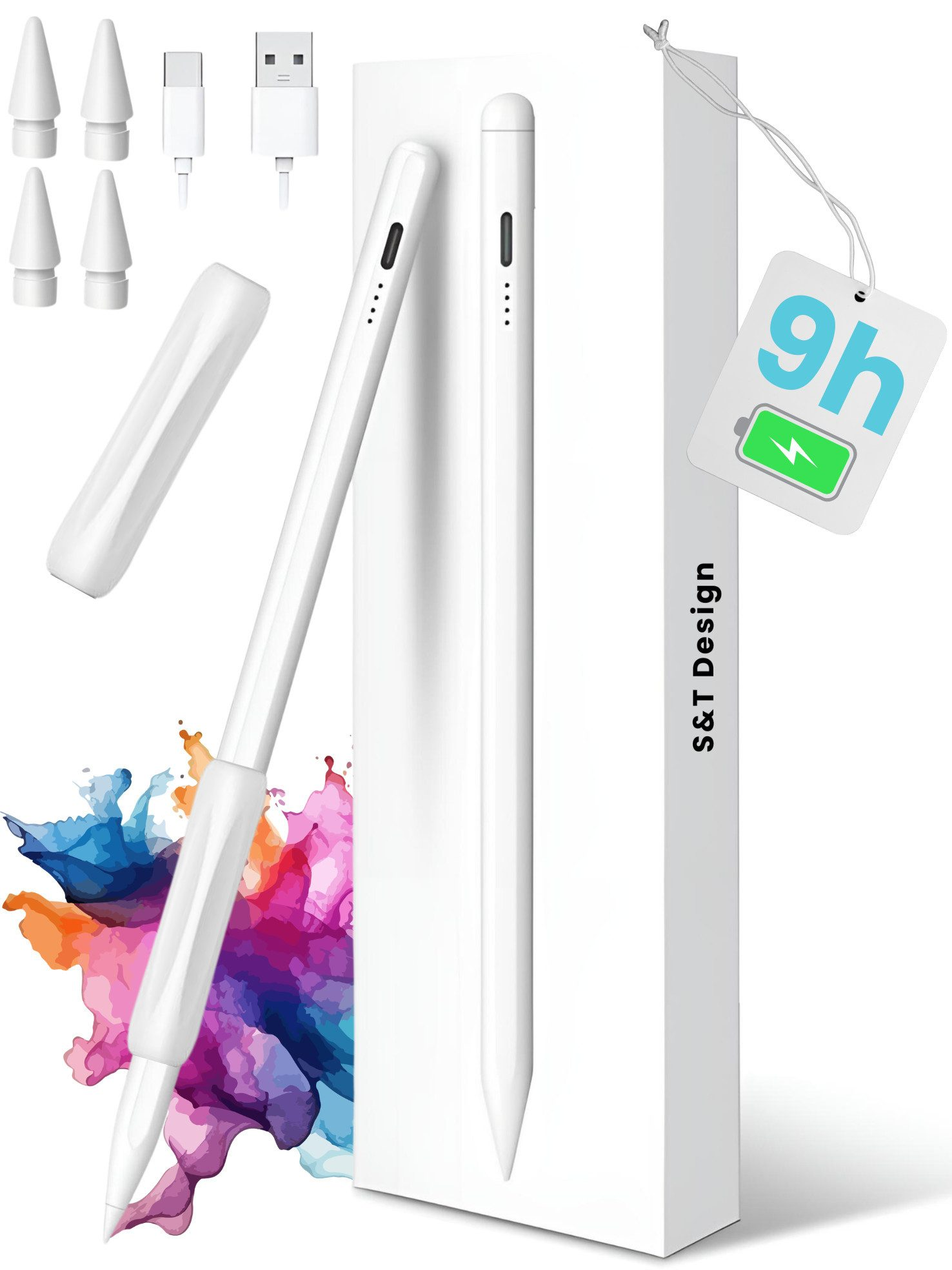 Ein weißer Stift mit Ladeaccessoires und farbigen Spritzern.