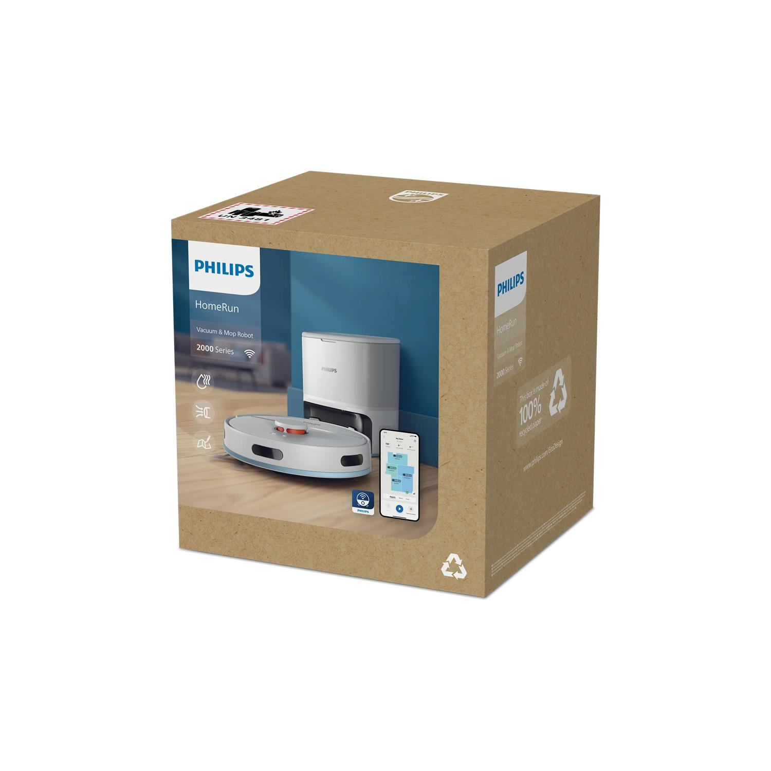 Verpackung eines Philips HomeRun Saug-/Wischroboters, 2000er Serie.