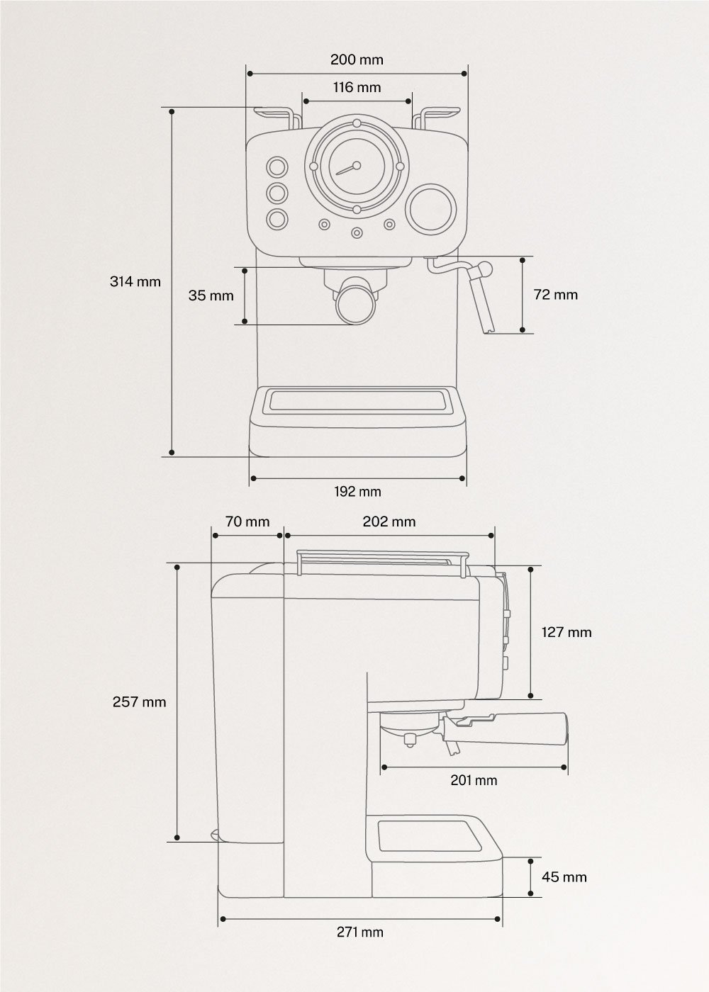 Dibujo técnico de una máquina de espresso con dimensiones.