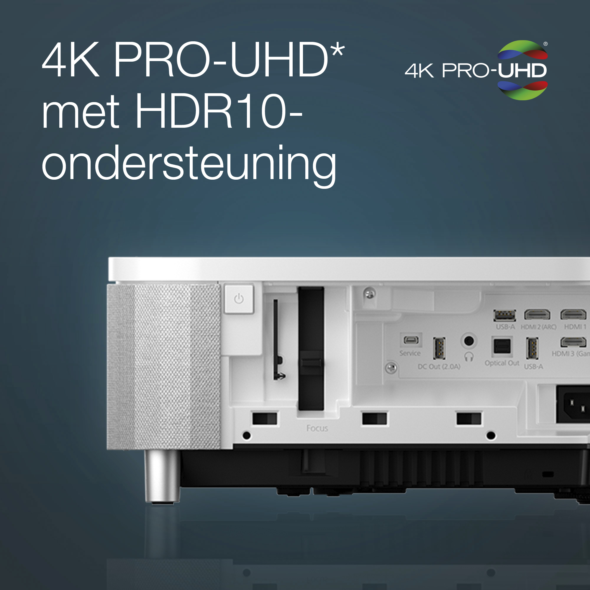 Projecteur 4K PRO-UHD avec prise en charge HDR10 et ports.