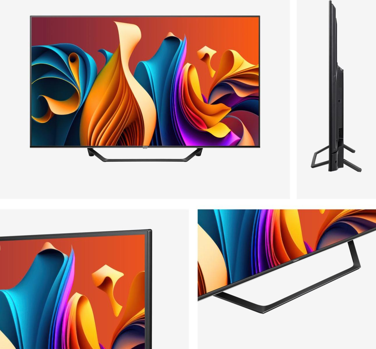 Una TV moderna con uno sfondo astratto colorato e un supporto elegante.