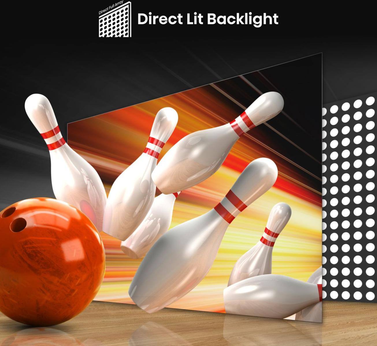 Sono mostrati una palla da bowling arancione e birilli bianchi con strisce rosse.
