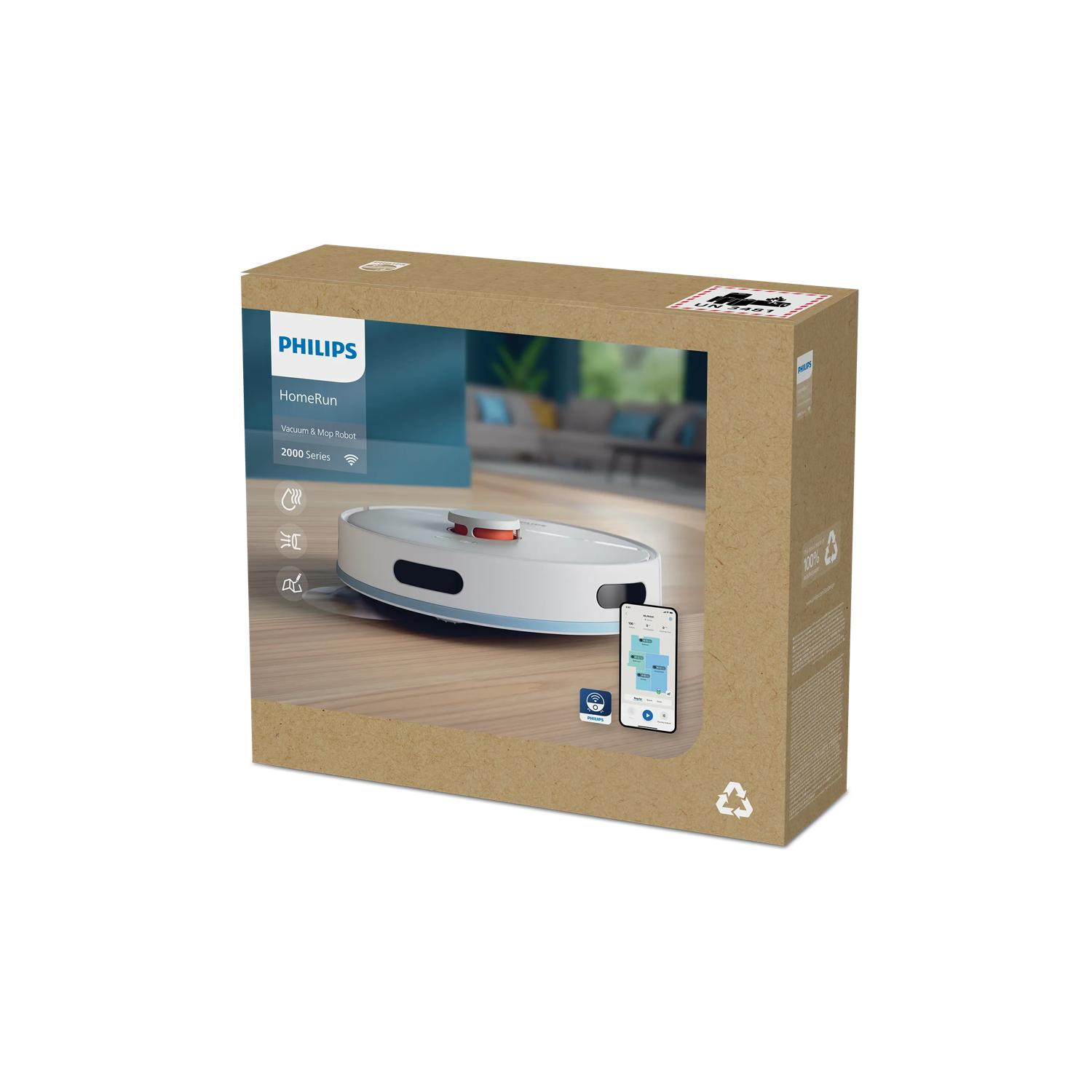 Verpackung mit Philips Saug-/Wischroboter 2000 Serie, Smartphone-App.
