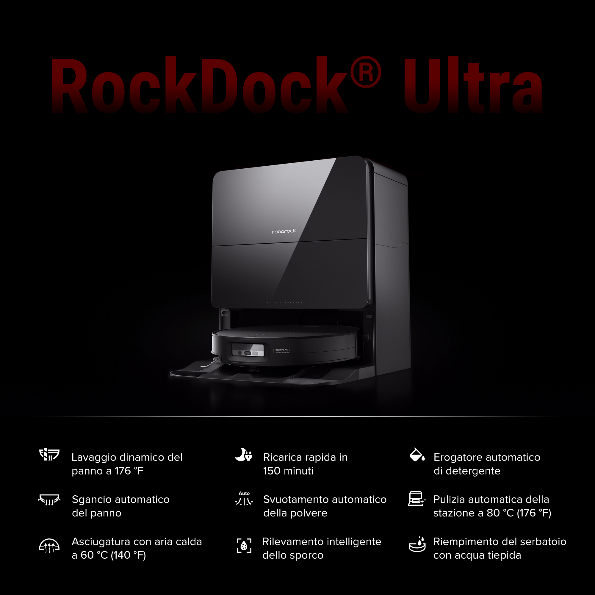 Czarny Roborock RockDock Ultra z robotem sprzątającym i stacją dokującą.