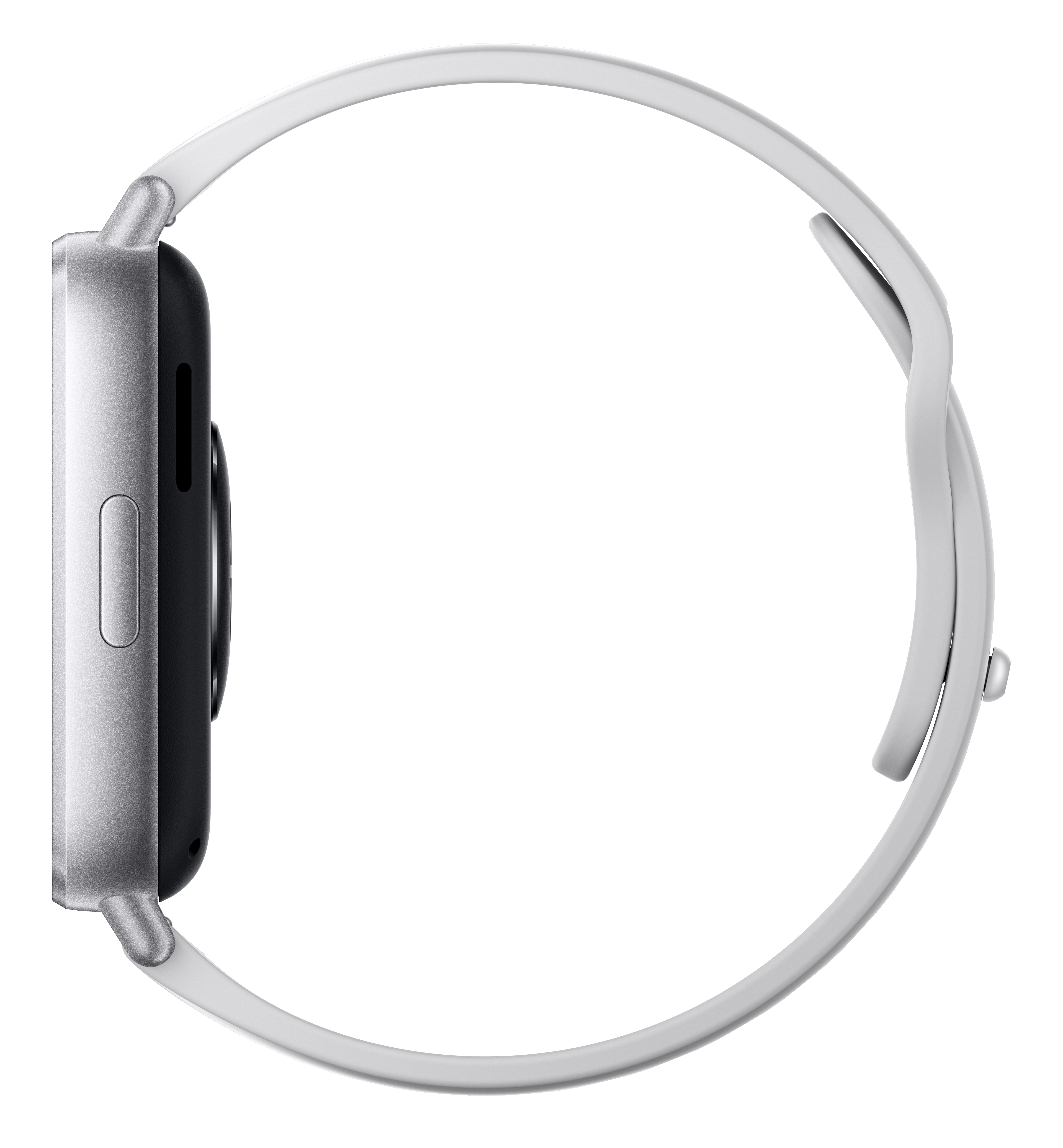 Silberne Smartwatch mit weißem Armband, Seitenansicht.