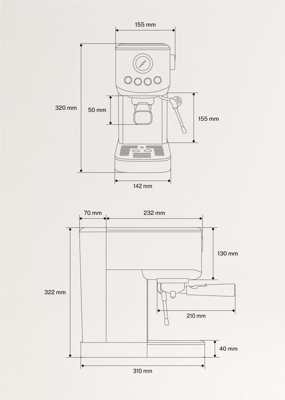 Dibujo lineal de una cafetera con dimensiones en mm.