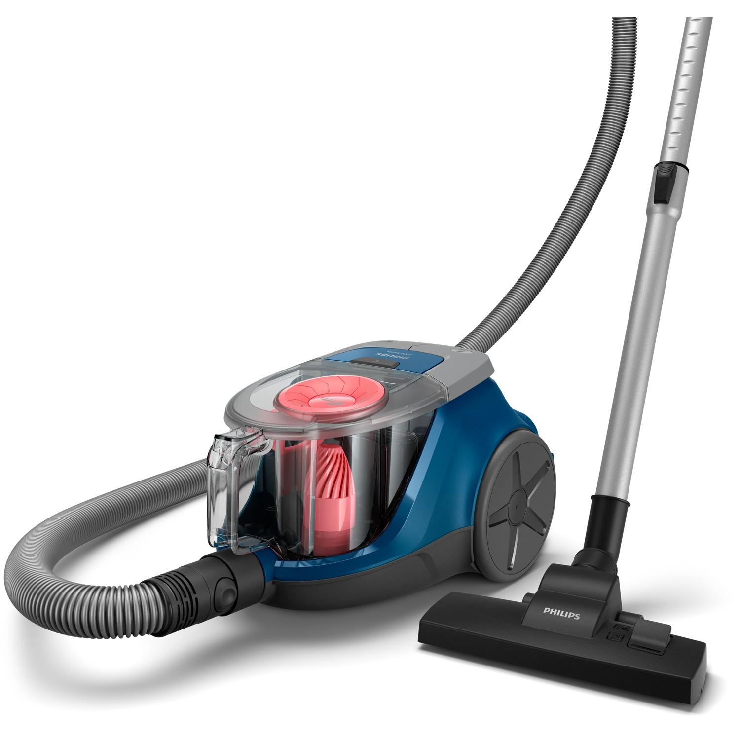 Blauer Philips Staubsauger mit durchsichtigem Staubbehälter, Schlauch und Bodendüse.