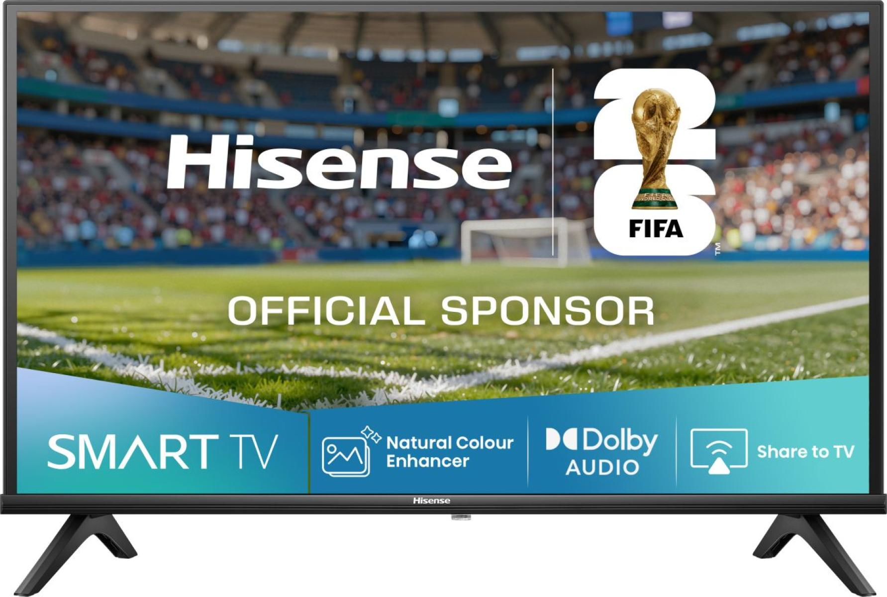 Telewizor Hisense Smart TV z pucharem Mistrzostw Świata FIFA, tekst oficjalnego sponsora.