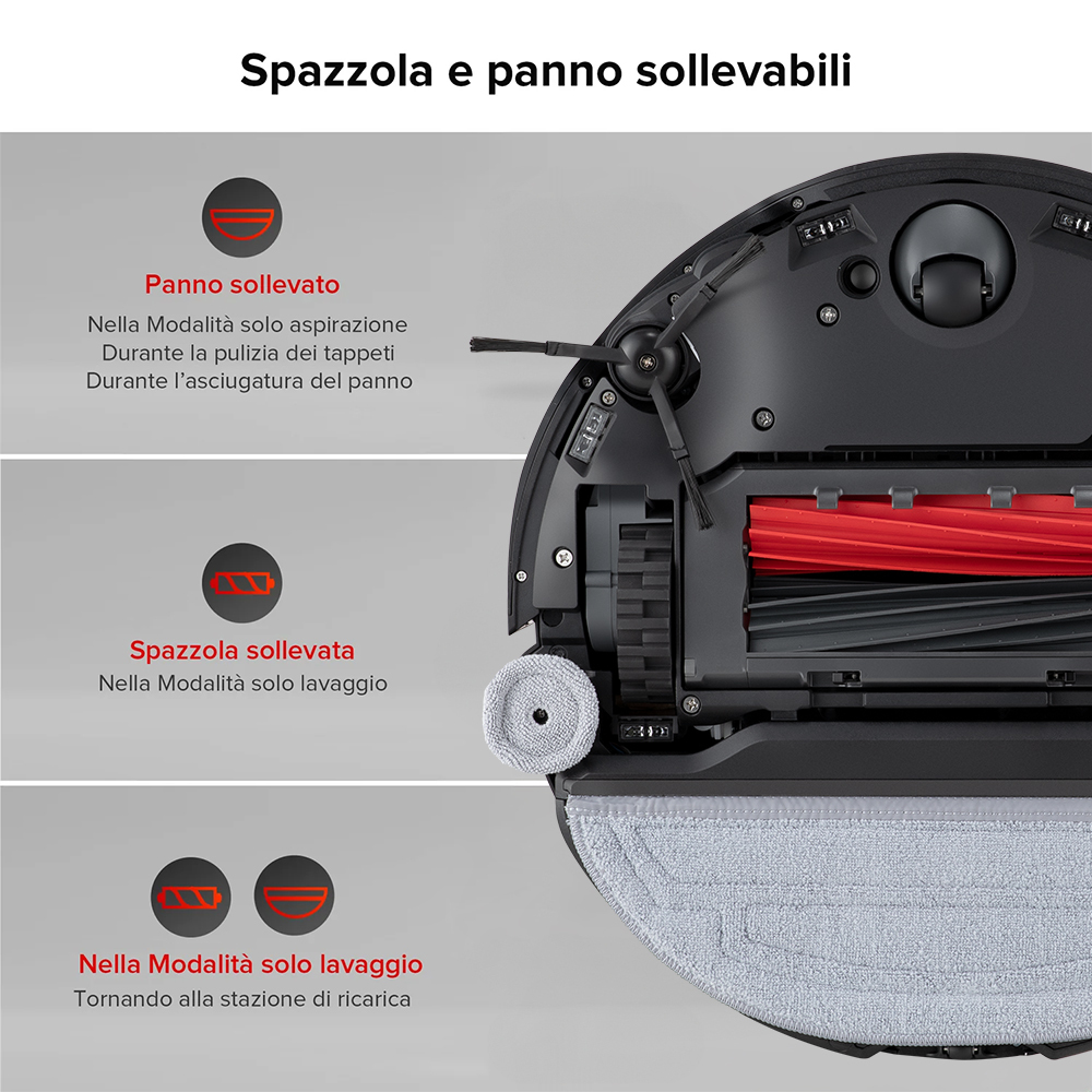 Odkurzacz automatyczny z podnoszoną szczotką i mopem do różnych trybów.