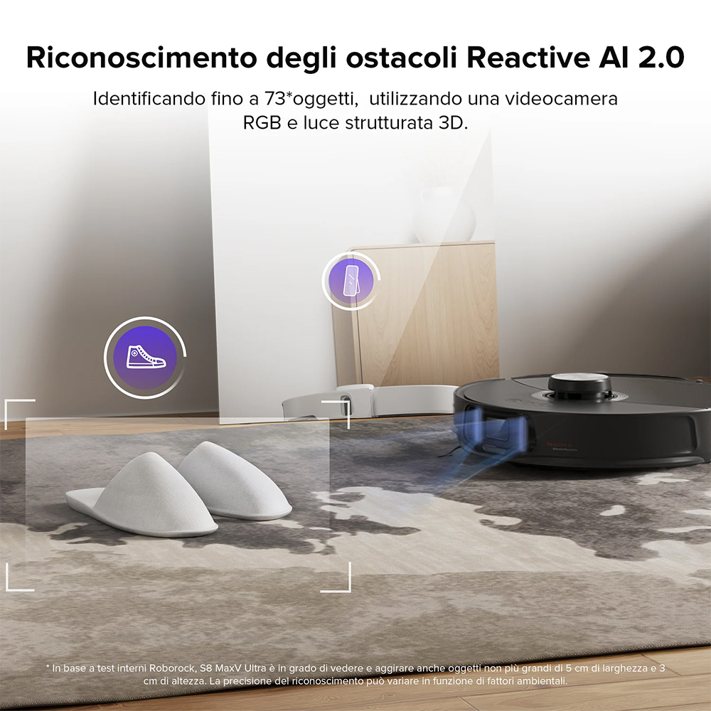 Odkurzacz automatyczny identyfikuje kapcie i but na dywanie za pomocą SI.