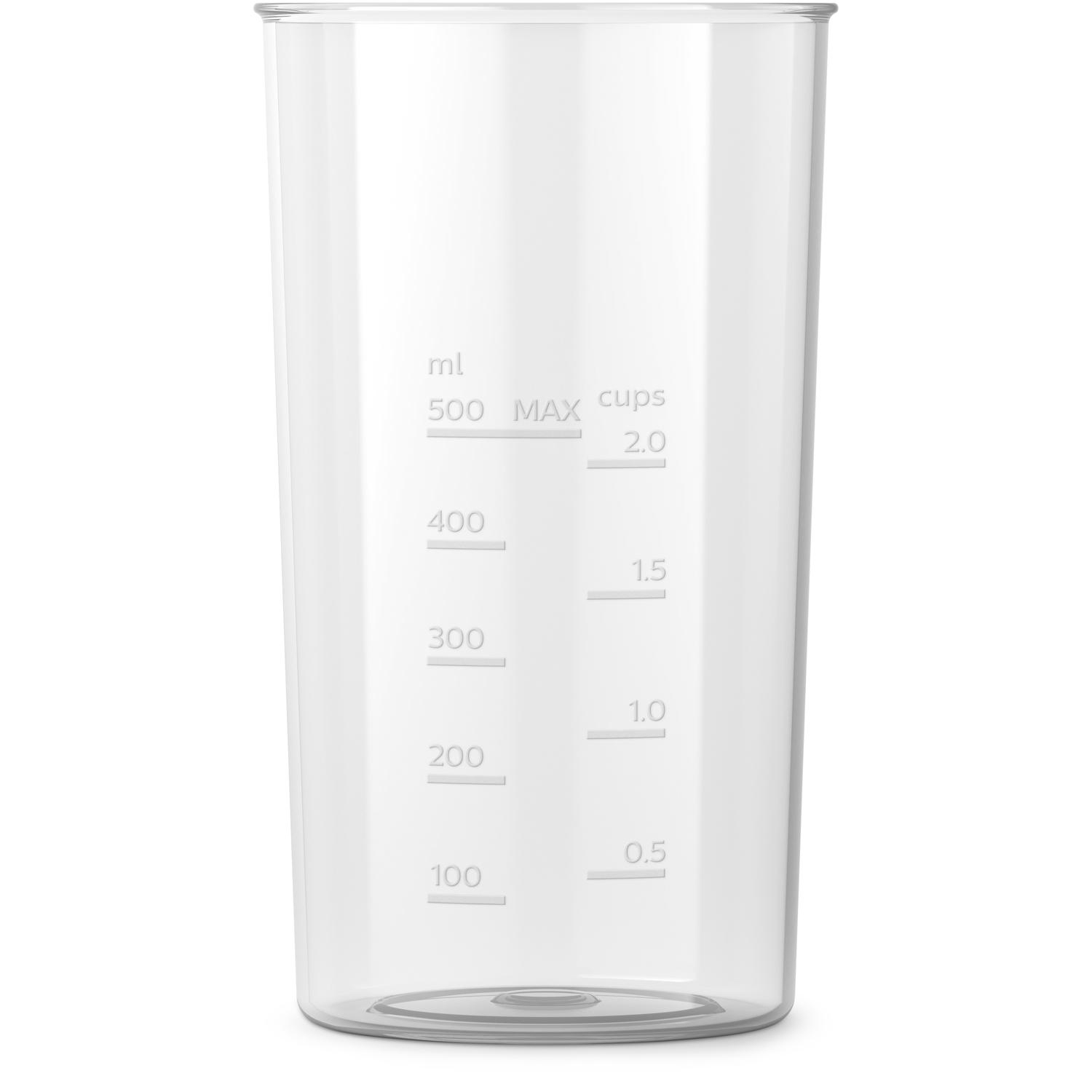 500ml/2,0 su bardağına kadar ml ve su bardağı işaretli şeffaf plastik ölçü kabı.