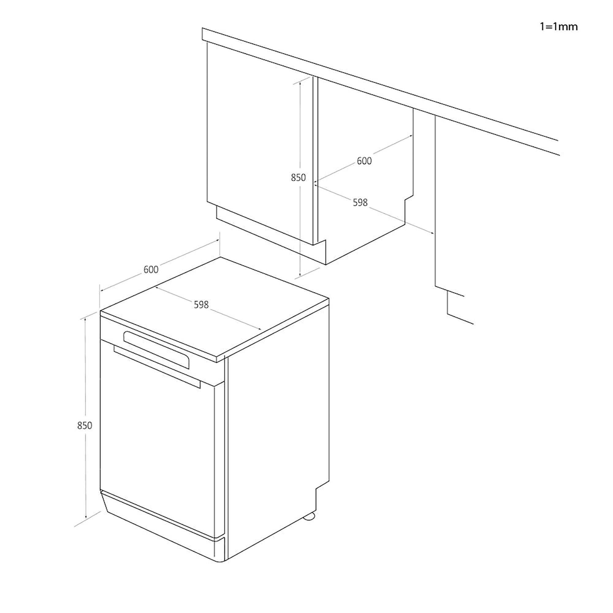 Technische Zeichnung einer Spülmaschine mit Maßen 850x600x598mm.