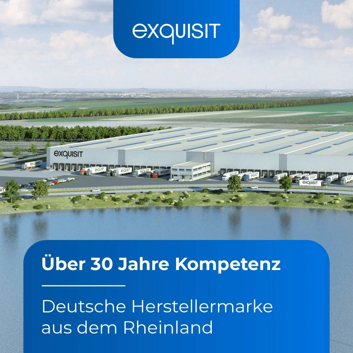 Großes Logistikzentrum mit vielen LKW und Autos am Wasser.