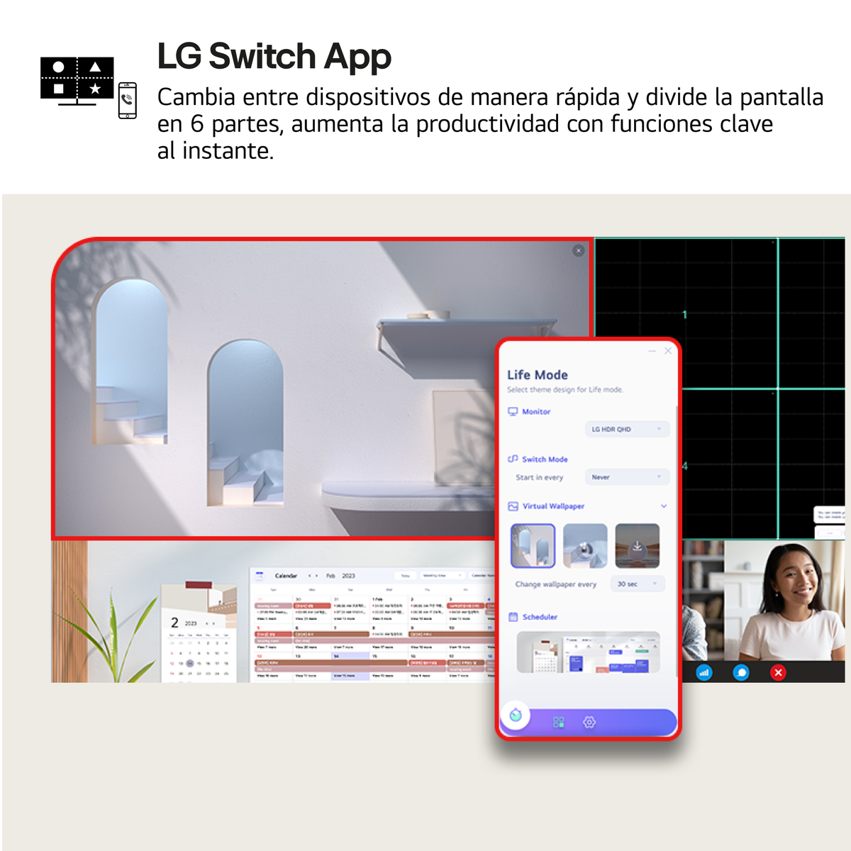 Aplikacja LG Switch: Widok monitora, kalendarz i harmonogram na jednym ekranie.
