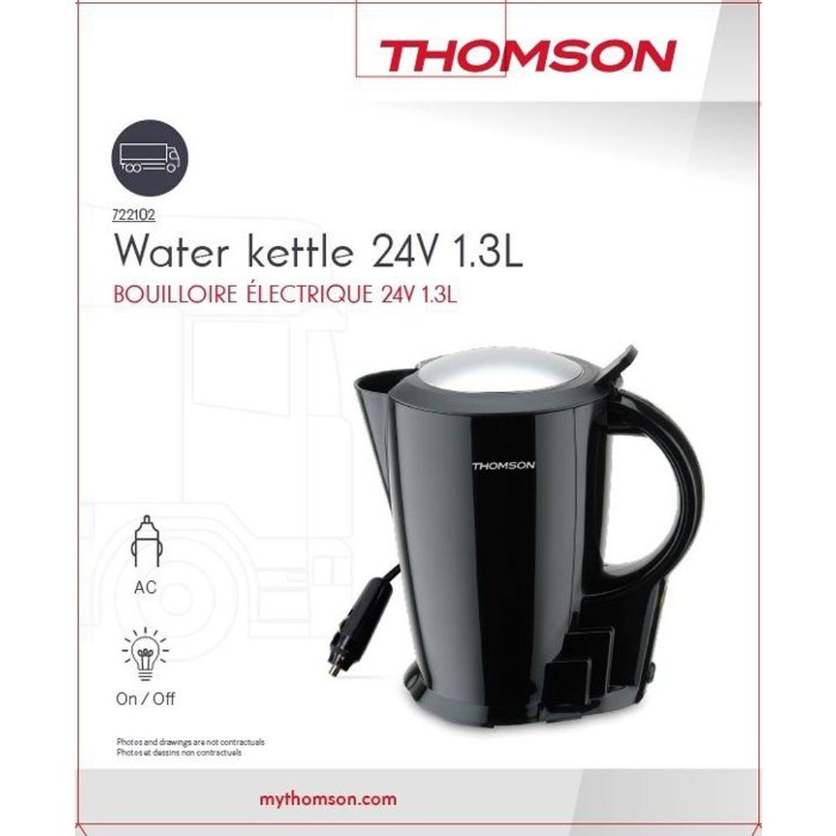 Schwarzer Thomson Wasserkocher 24V 1.3L mit Kabel und Stecker.