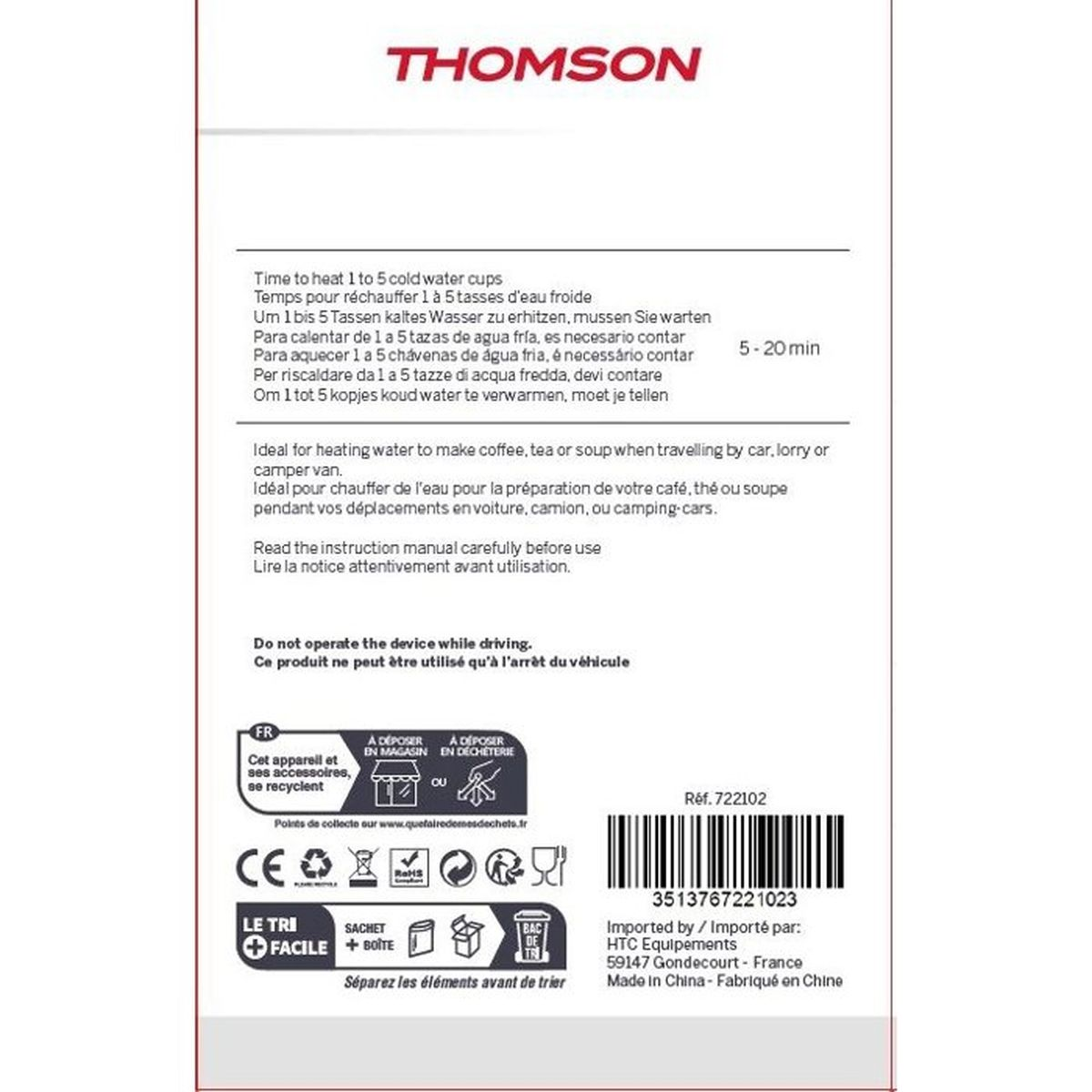 Thomson-Logo über Textanweisungen zum Aufwärmen von Wasser.