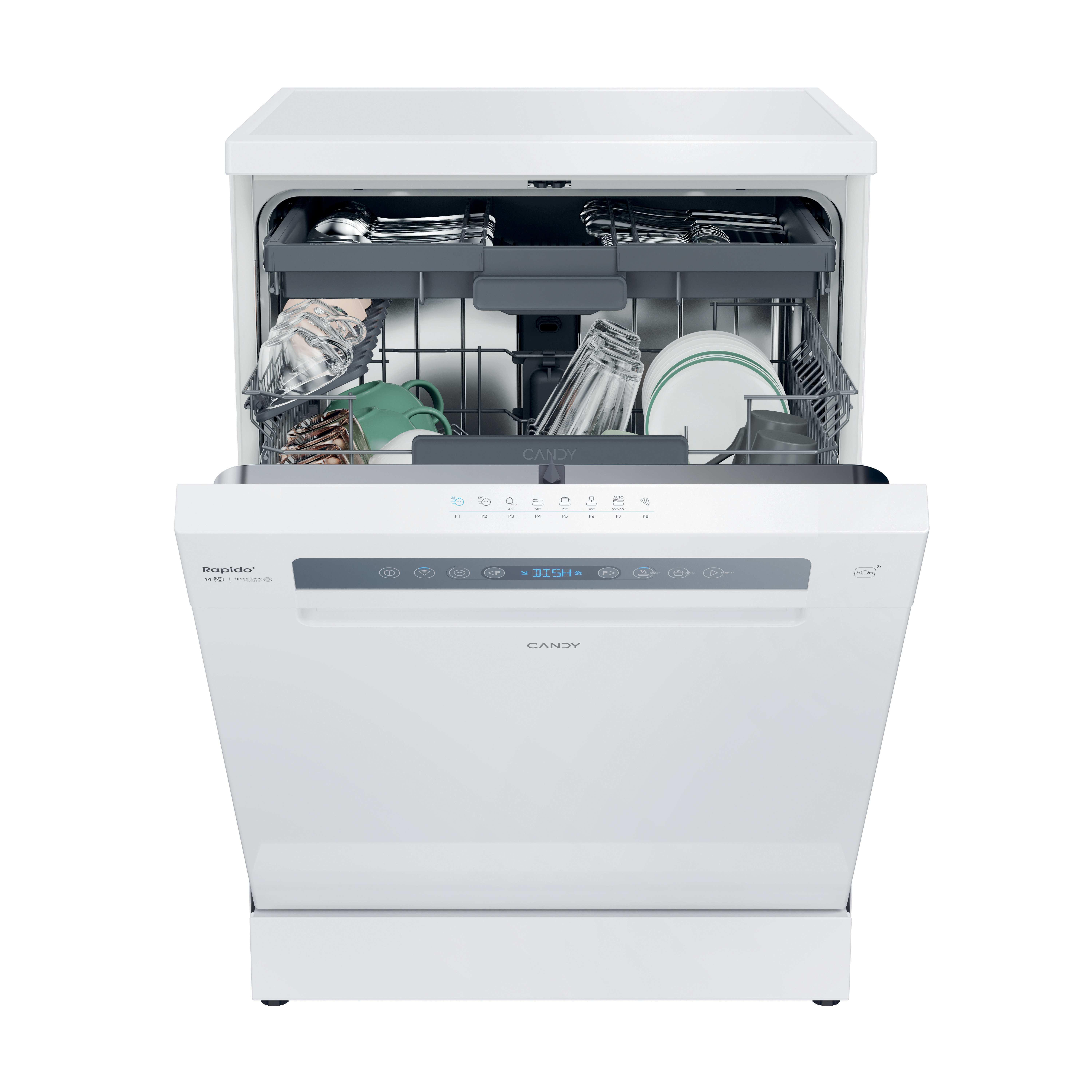 Un lavavajillas Candy blanco está abierto, mostrando vasos, platos y cubiertos.