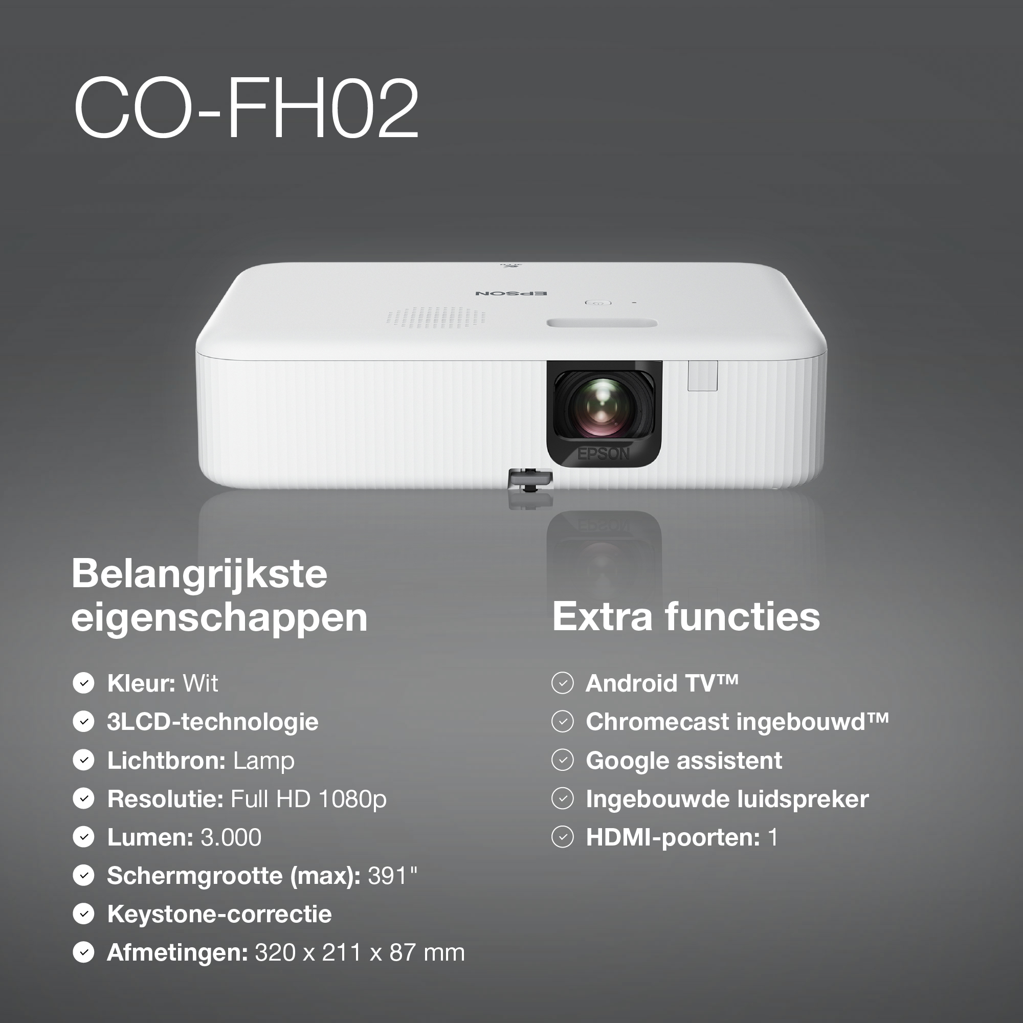 Biały projektor Epson CO-FH02 z Android TV, 3000 lumenów, 1080p.
