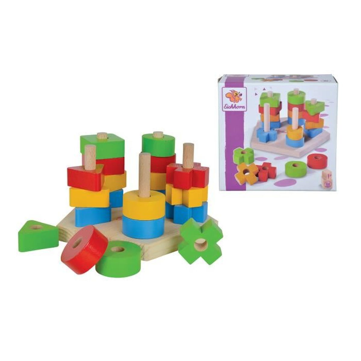 Jouet d'empilage en bois : blocs colorés de différentes formes sur des chevilles en bois.