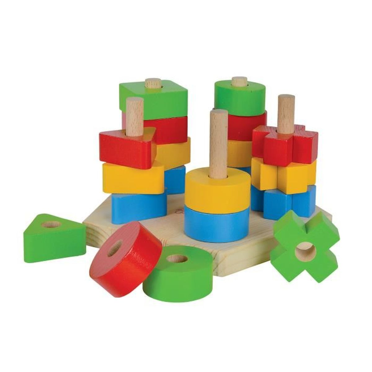 Un jouet trieur de formes en bois avec des blocs colorés.