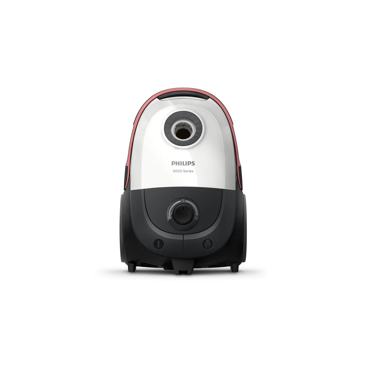 Biały i czerwony odkurzacz Philips Serii 6000 z czarną podstawą.